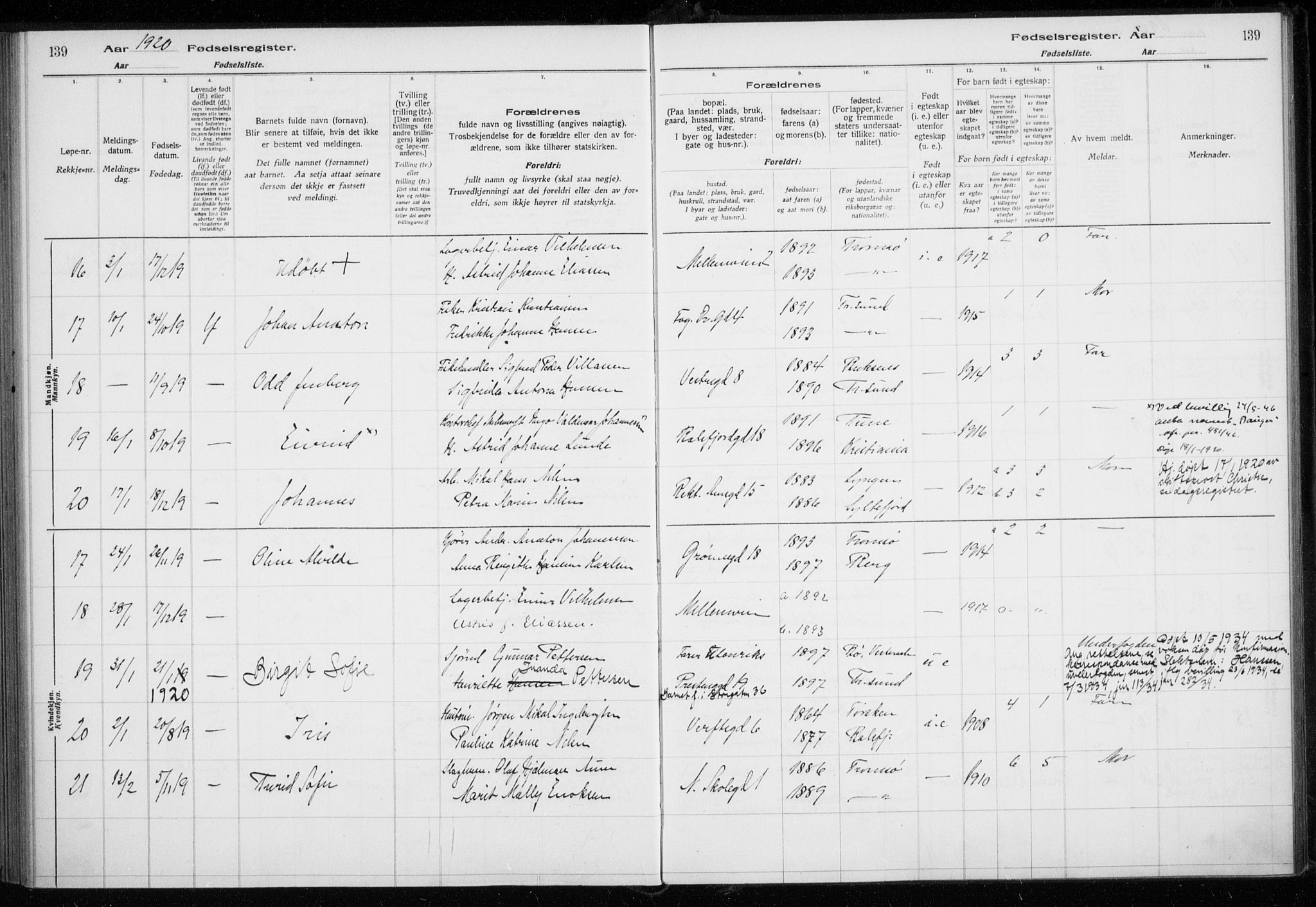 Tromsø sokneprestkontor/stiftsprosti/domprosti, AV/SATØ-S-1343/H/Ha/L0131: Birth register no. 131, 1916-1921, p. 139