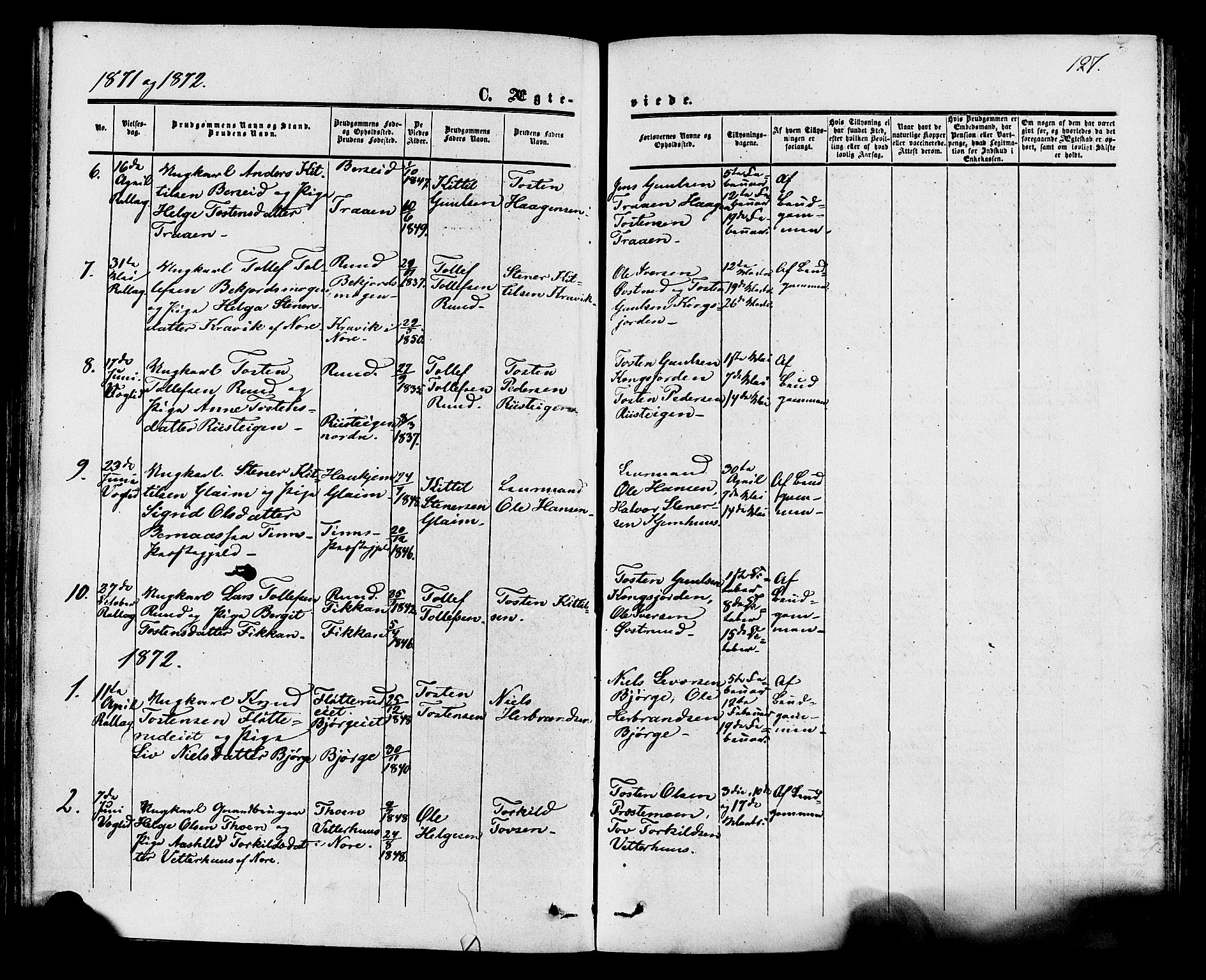 Rollag kirkebøker, SAKO/A-240/F/Fa/L0009: Parish register (official) no. I 9, 1860-1874, p. 127