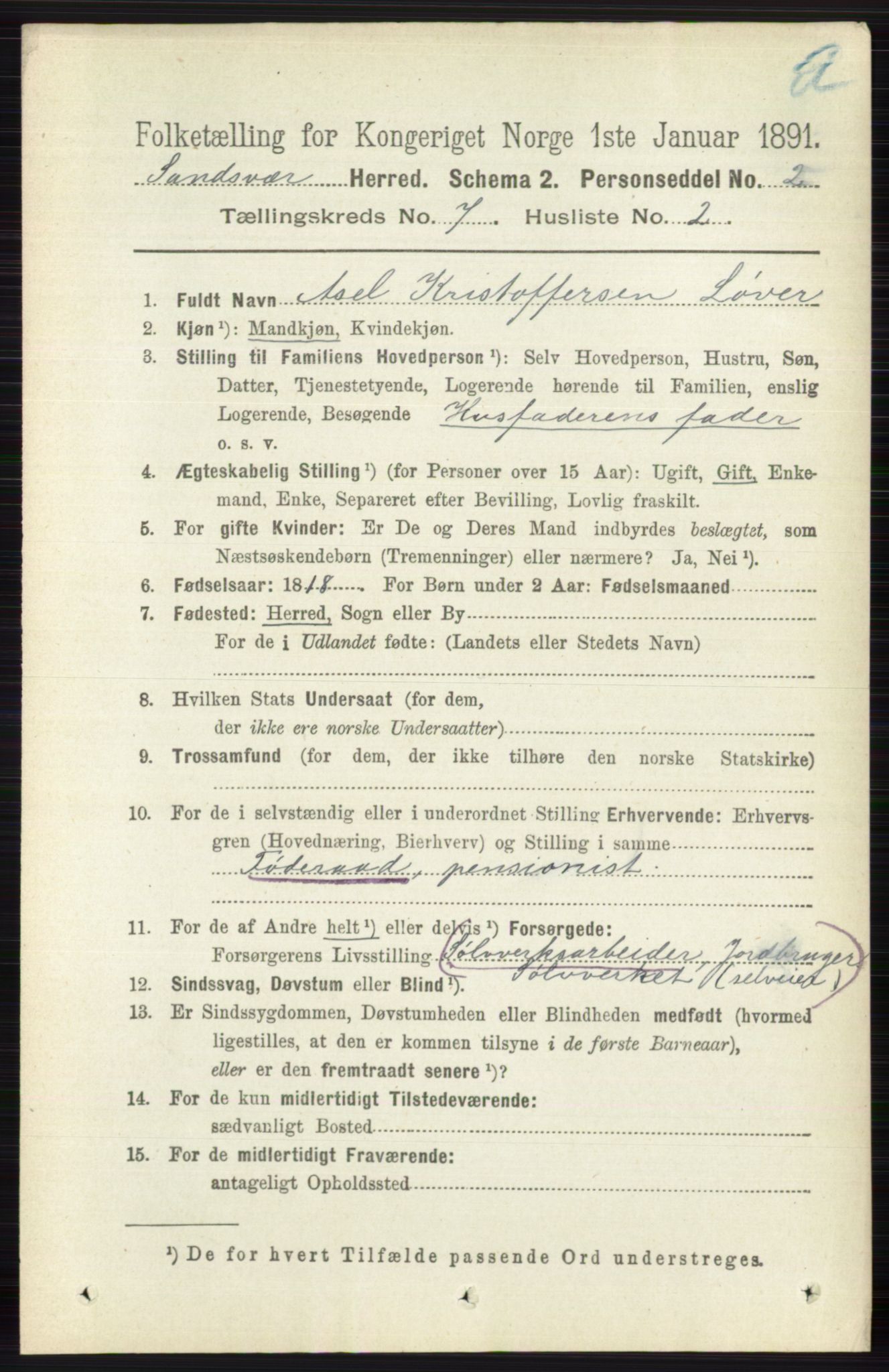 RA, 1891 census for 0629 Sandsvær, 1891, p. 3989