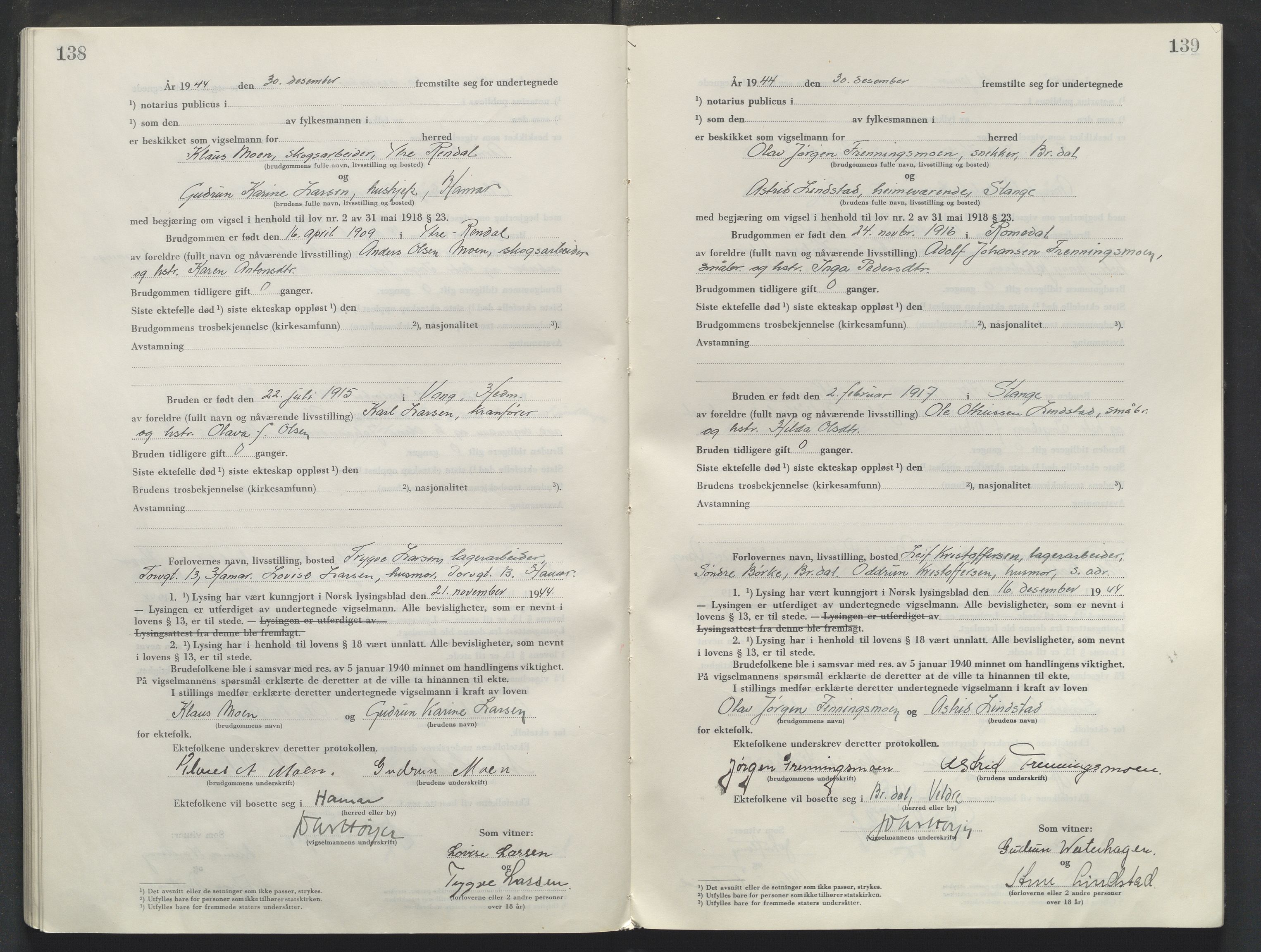 Sør-Hedmark sorenskriveri, AV/SAH-TING-014/L/Le/L0002/0001: Vigselsbøker / Vigselbok, 1944-1945, p. 140-141