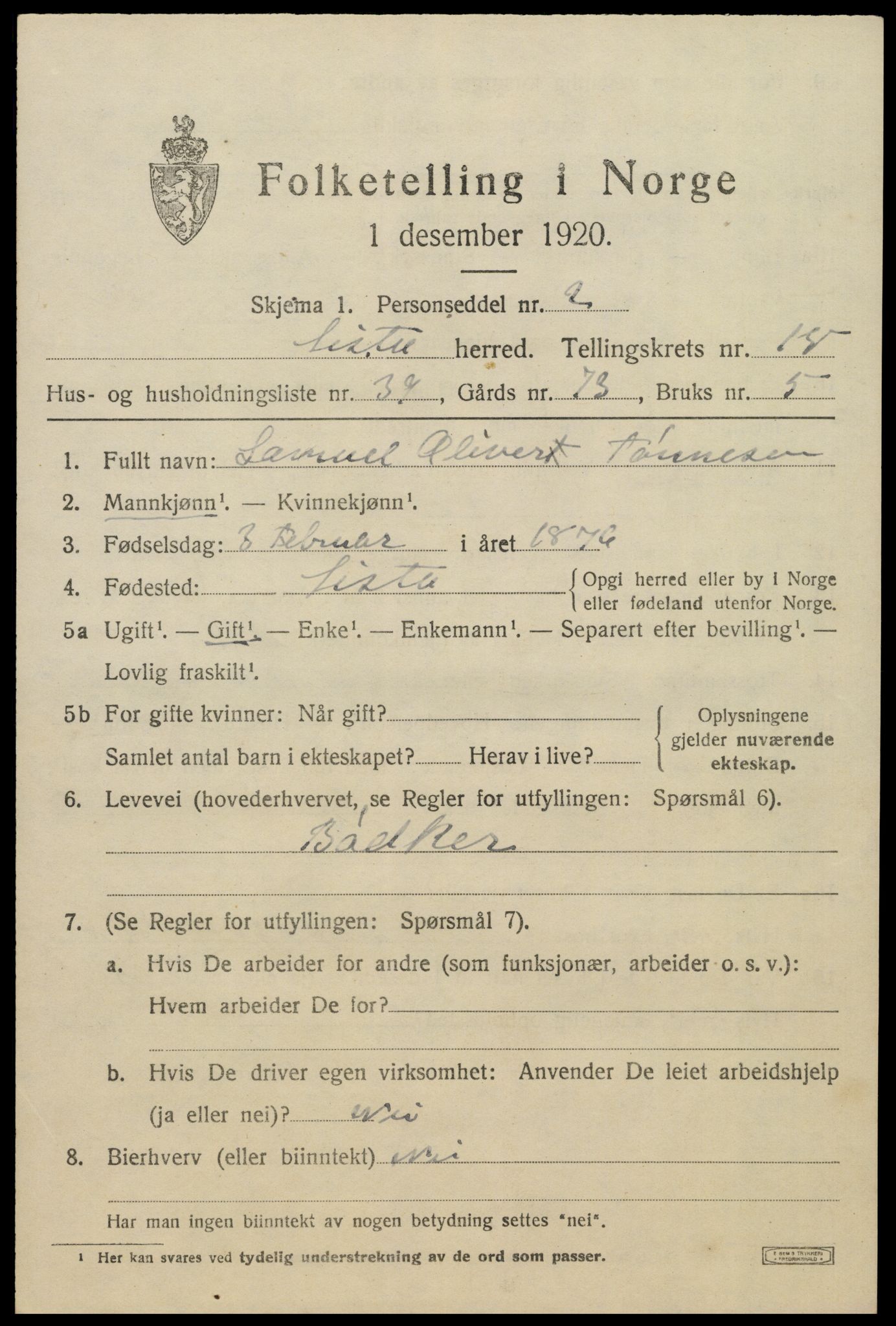 SAK, 1920 census for Lista, 1920, p. 12927