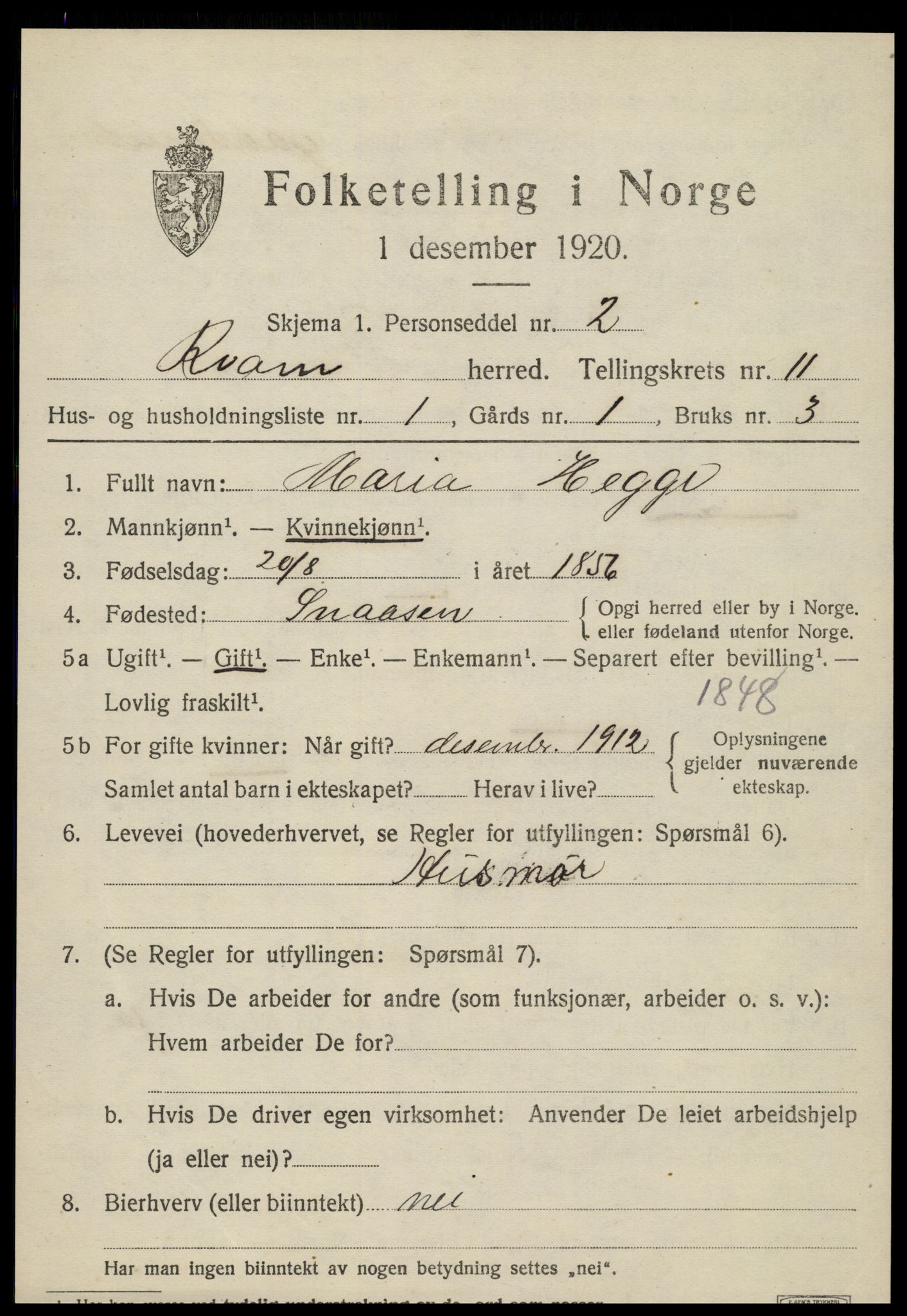 SAT, 1920 census for Kvam, 1920, p. 2713