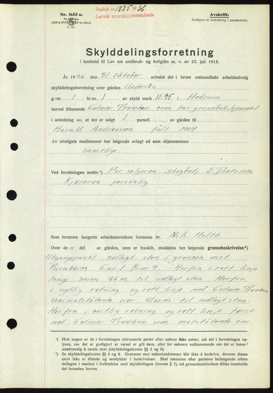 Larvik sorenskriveri, SAKO/A-83/G/Ga/Gab/L0067: Mortgage book no. A-1, 1936-1937, Diary no: : 1825/1936