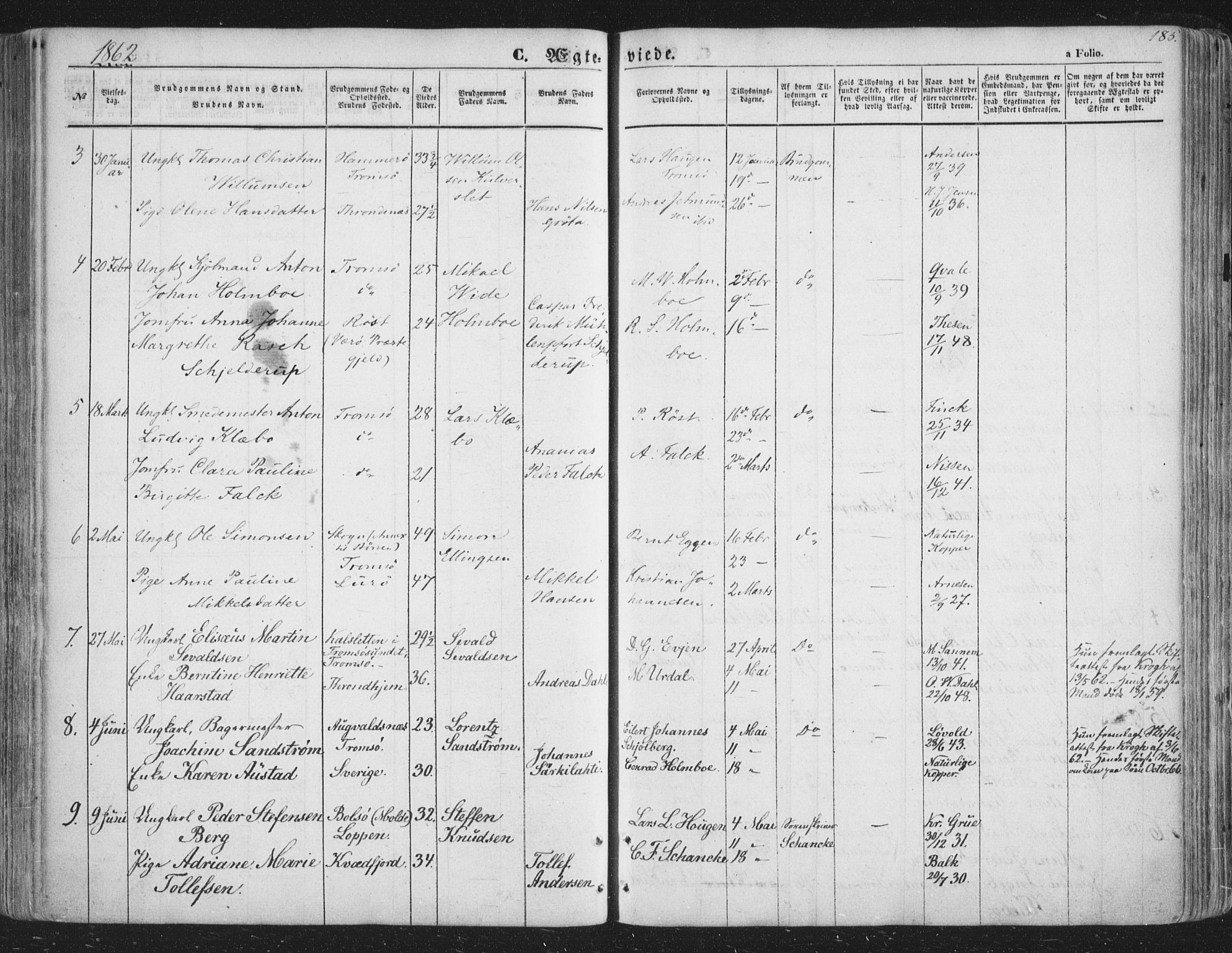 Tromsø sokneprestkontor/stiftsprosti/domprosti, SATØ/S-1343/G/Ga/L0011kirke: Parish register (official) no. 11, 1856-1865, p. 185