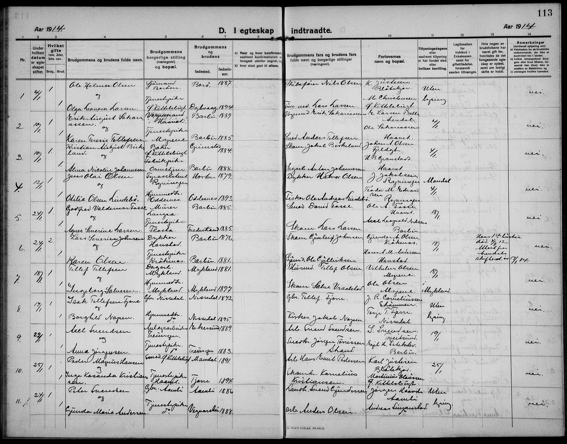 Barbu sokneprestkontor, AV/SAK-1111-0003/F/Fb/L0004: Parish register (copy) no. B 4, 1911-1936, p. 113