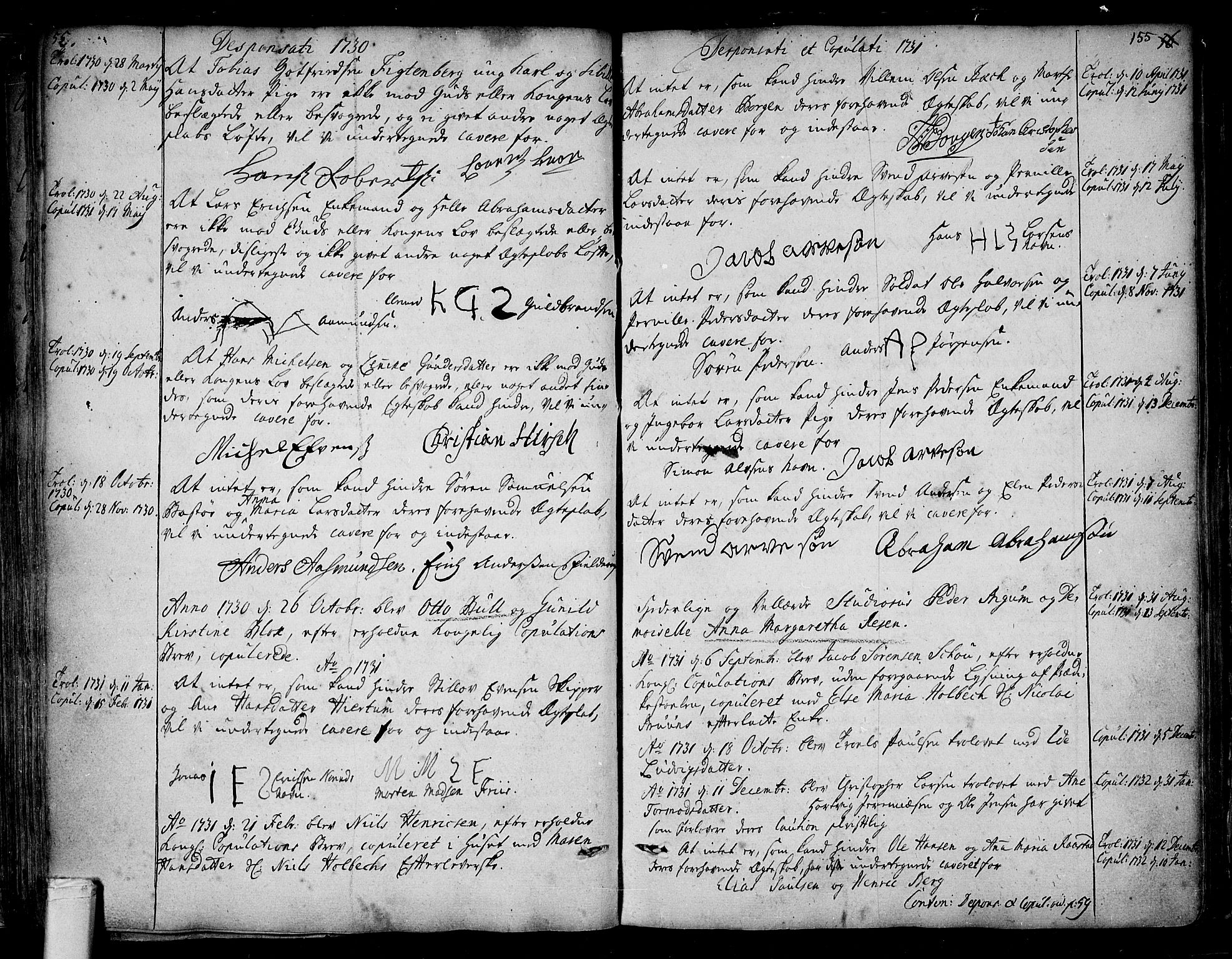Tønsberg kirkebøker, SAKO/A-330/F/Fa/L0001: Parish register (official) no. I 1, 1688-1760, p. 154-155