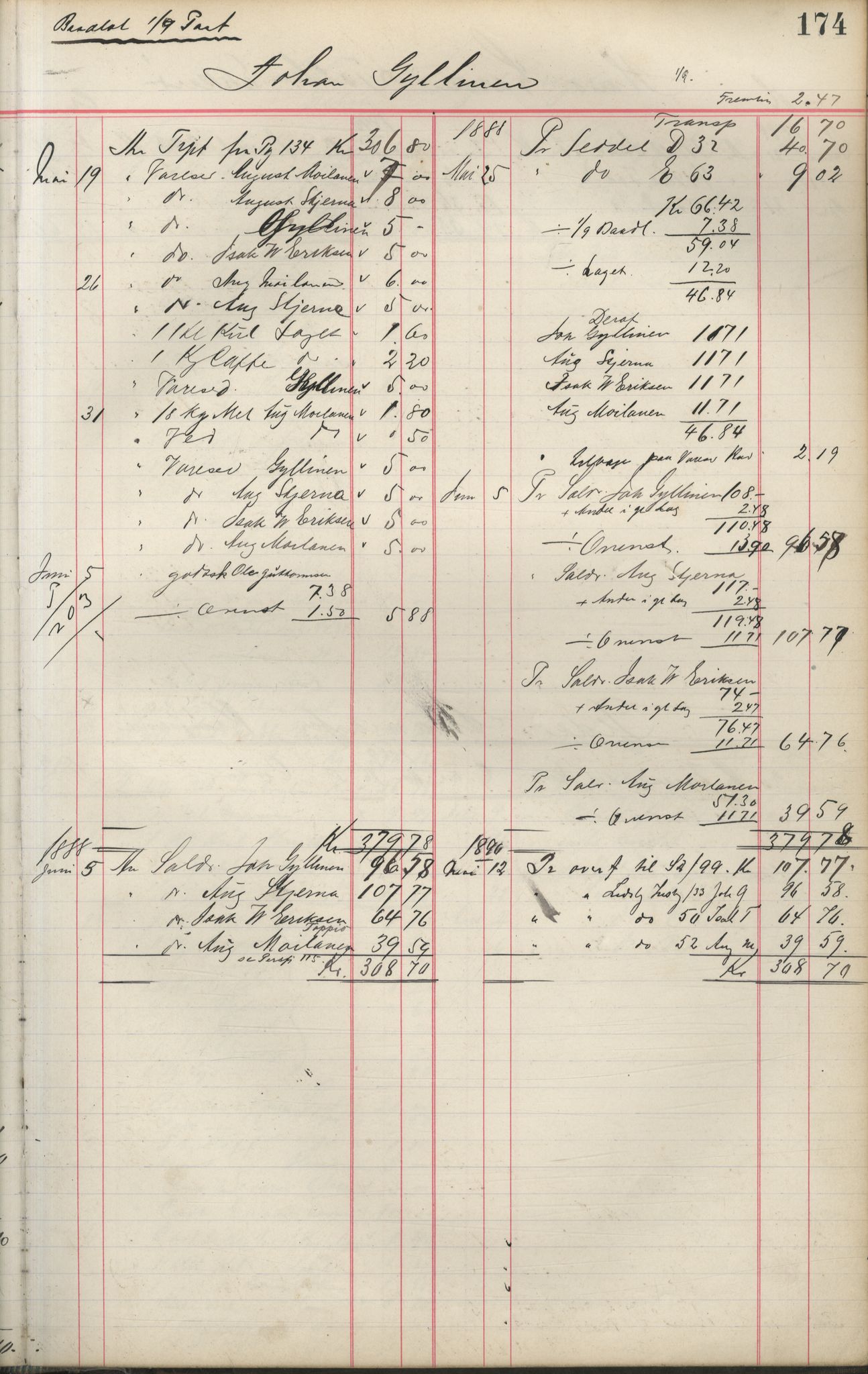 Brodtkorb handel A/S, VAMU/A-0001/F/Fa/L0001/0002: Kompanibøker. Innensogns / Compagnibog for Indensogns Fiskere No 11, 1887-1889, p. 174