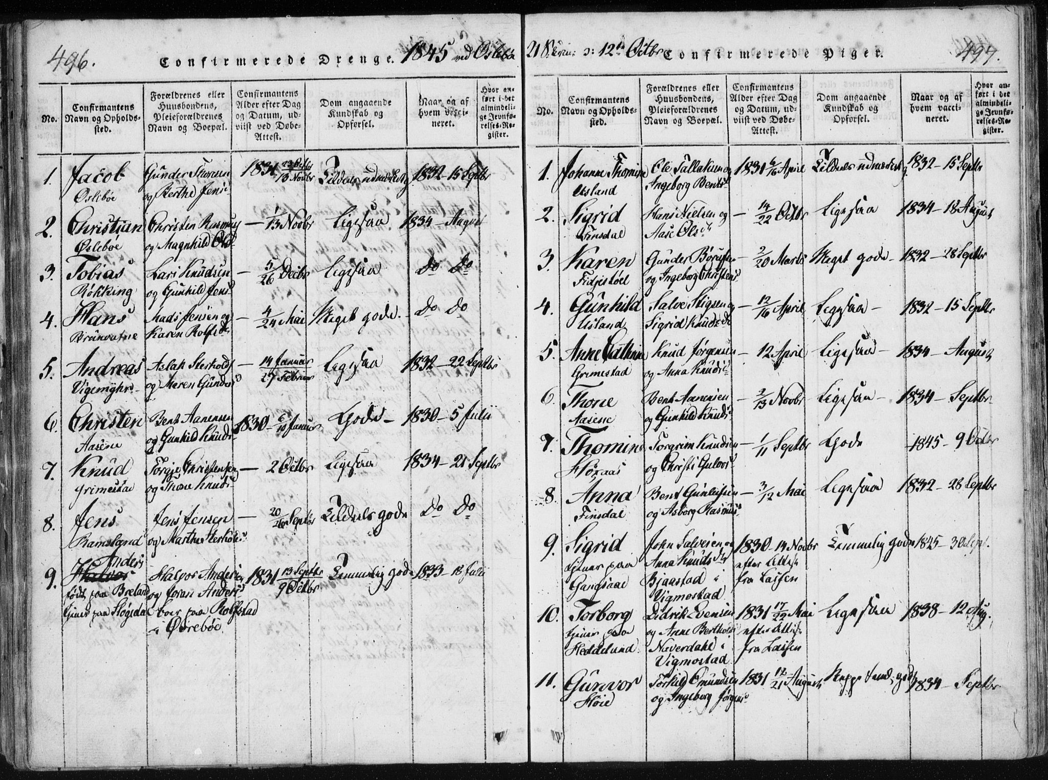 Holum sokneprestkontor, AV/SAK-1111-0022/F/Fa/Fac/L0002: Parish register (official) no. A 2, 1821-1859, p. 496-497