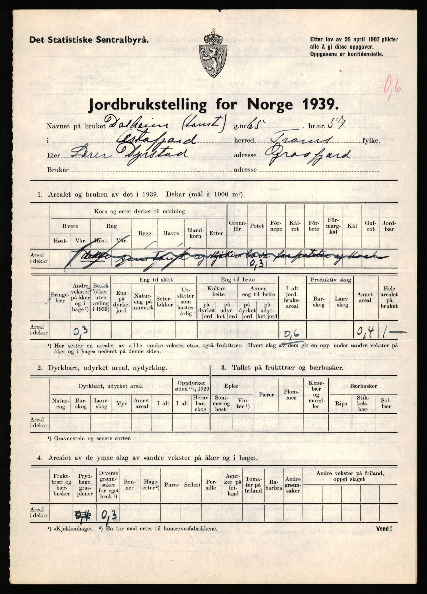 Statistisk sentralbyrå, Næringsøkonomiske emner, Jordbruk, skogbruk, jakt, fiske og fangst, AV/RA-S-2234/G/Gb/L0339: Troms: Andørja, Astafjord og Lavangen, 1939, p. 3