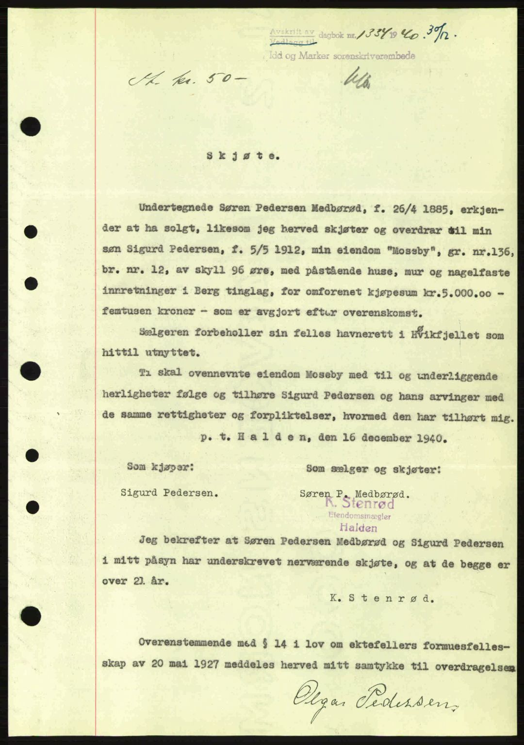 Idd og Marker sorenskriveri, AV/SAO-A-10283/G/Gb/Gbb/L0004: Mortgage book no. A4, 1940-1941, Diary no: : 1334/1940