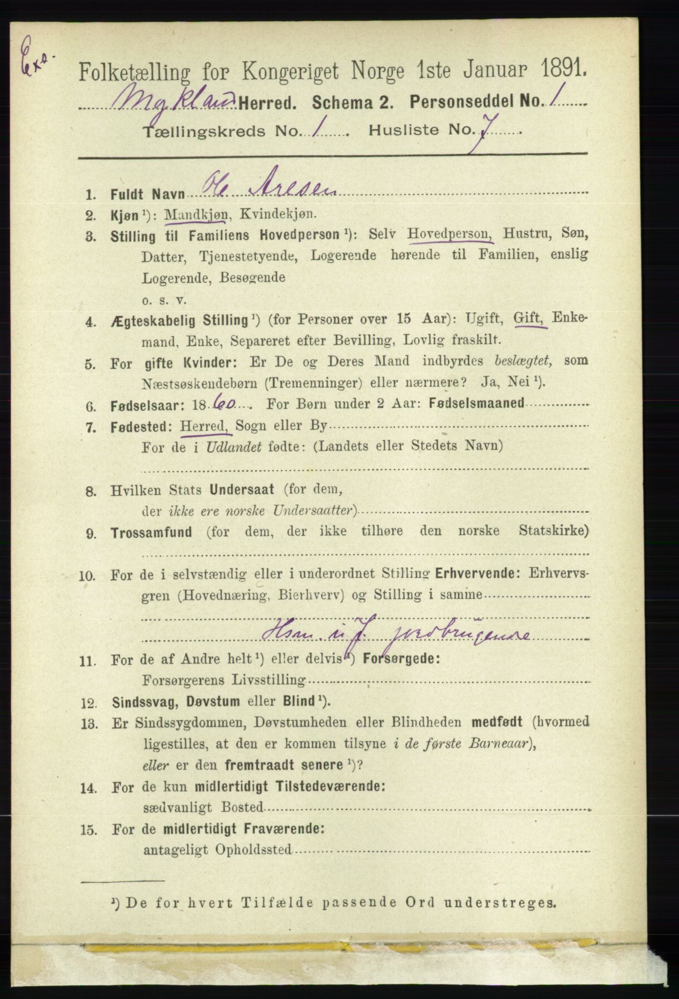 RA, Census 1891 for Nedenes amt: Gjenparter av personsedler for beslektede ektefeller, menn, 1891, p. 396