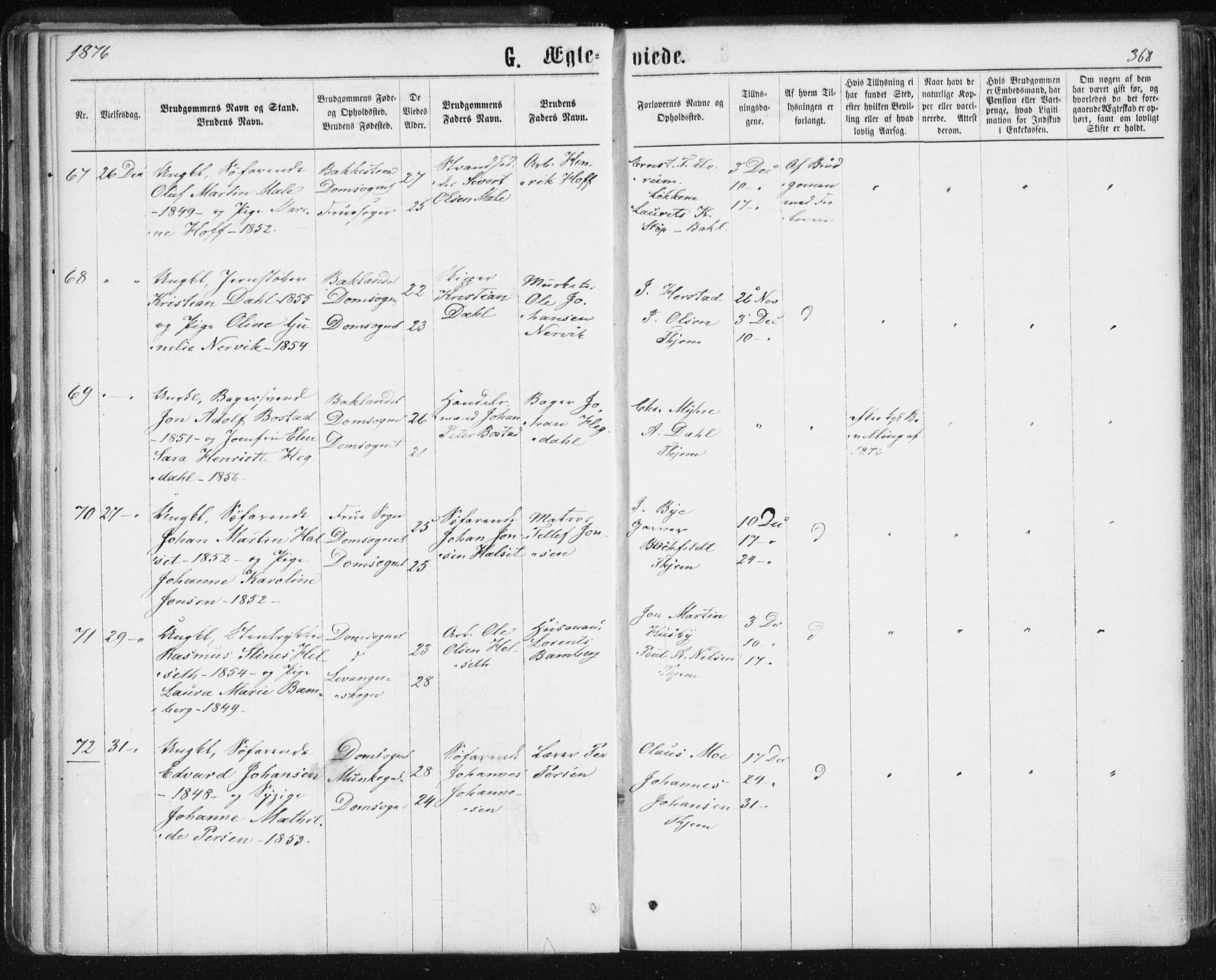 Ministerialprotokoller, klokkerbøker og fødselsregistre - Sør-Trøndelag, SAT/A-1456/601/L0055: Parish register (official) no. 601A23, 1866-1877, p. 368