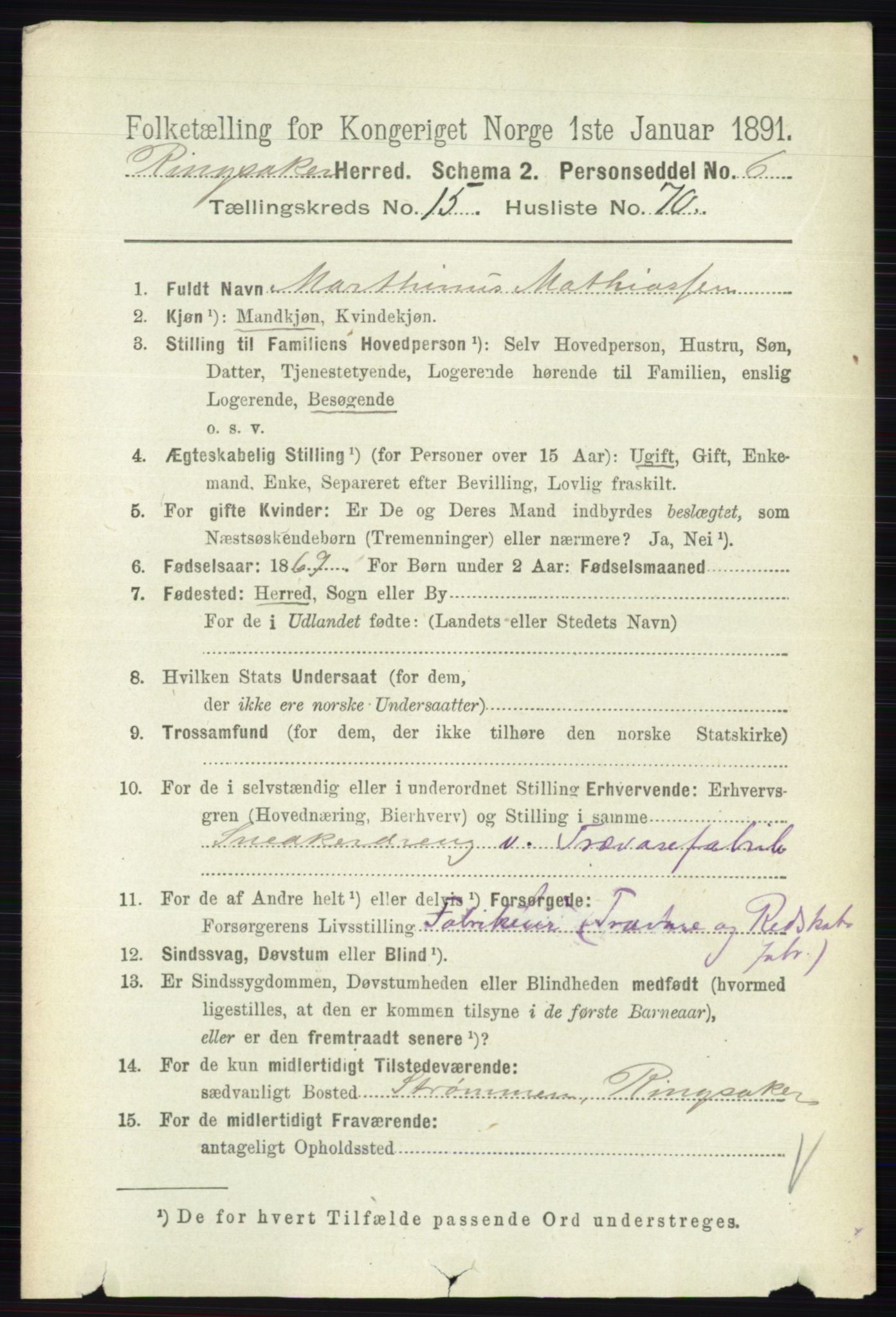 RA, 1891 census for 0412 Ringsaker, 1891, p. 8918