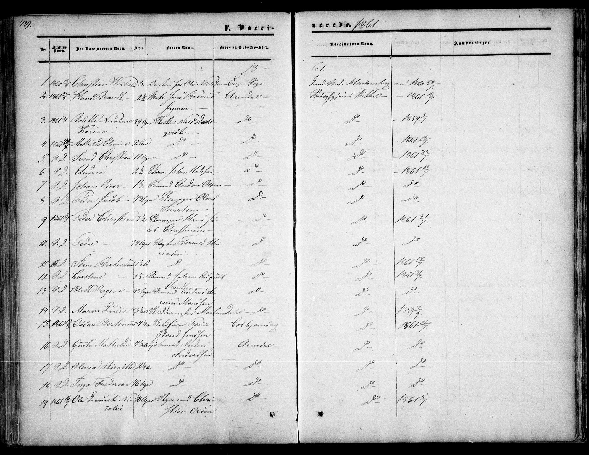 Arendal sokneprestkontor, Trefoldighet, AV/SAK-1111-0040/F/Fa/L0006: Parish register (official) no. A 6, 1855-1868, p. 489