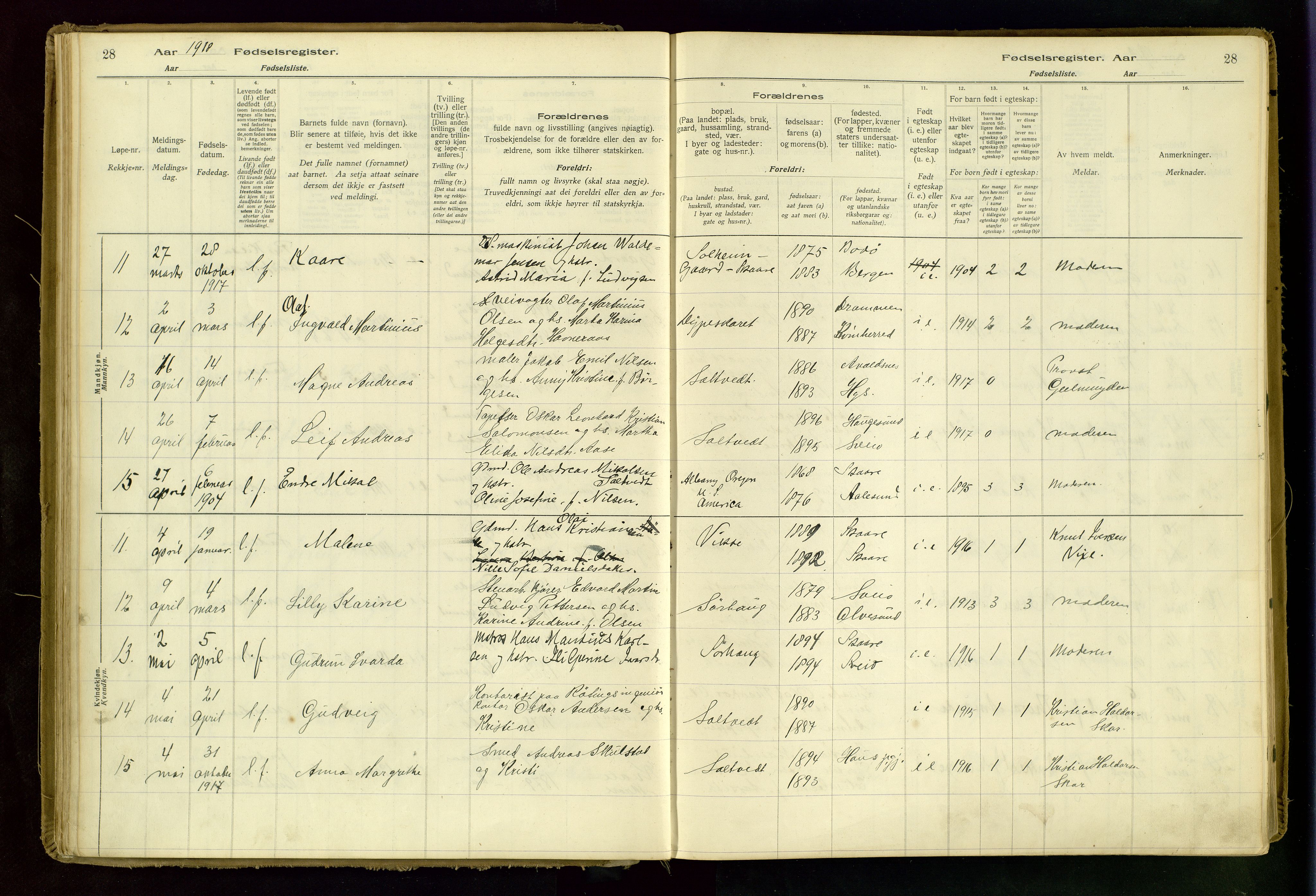 Haugesund sokneprestkontor, AV/SAST-A -101863/I/Id/L0001: Birth register no. 1, 1916-1935, p. 28