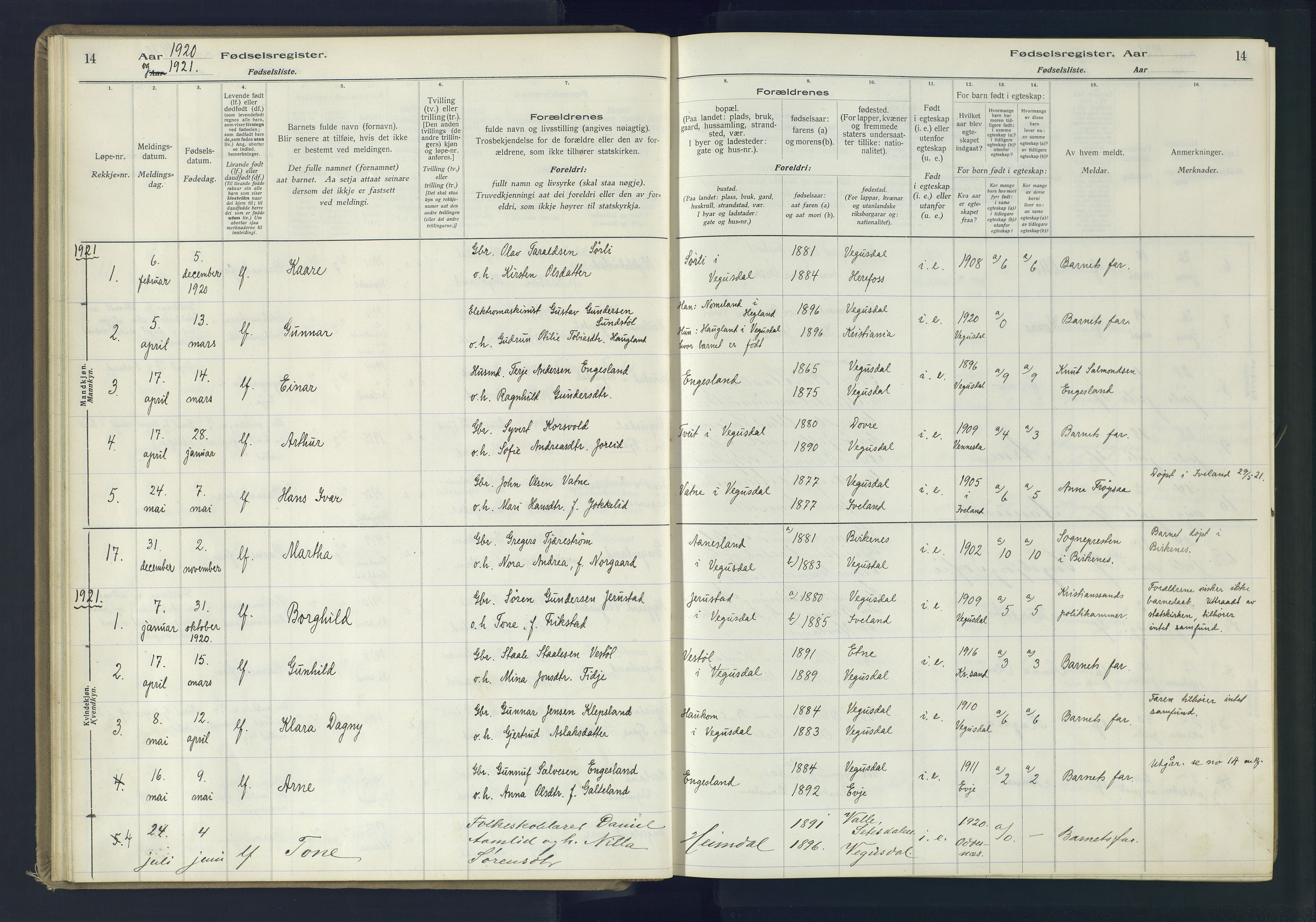 Herefoss sokneprestkontor, AV/SAK-1111-0019/J/Ja/L0002: Birth register no. II.6.11, 1916-1982, p. 14