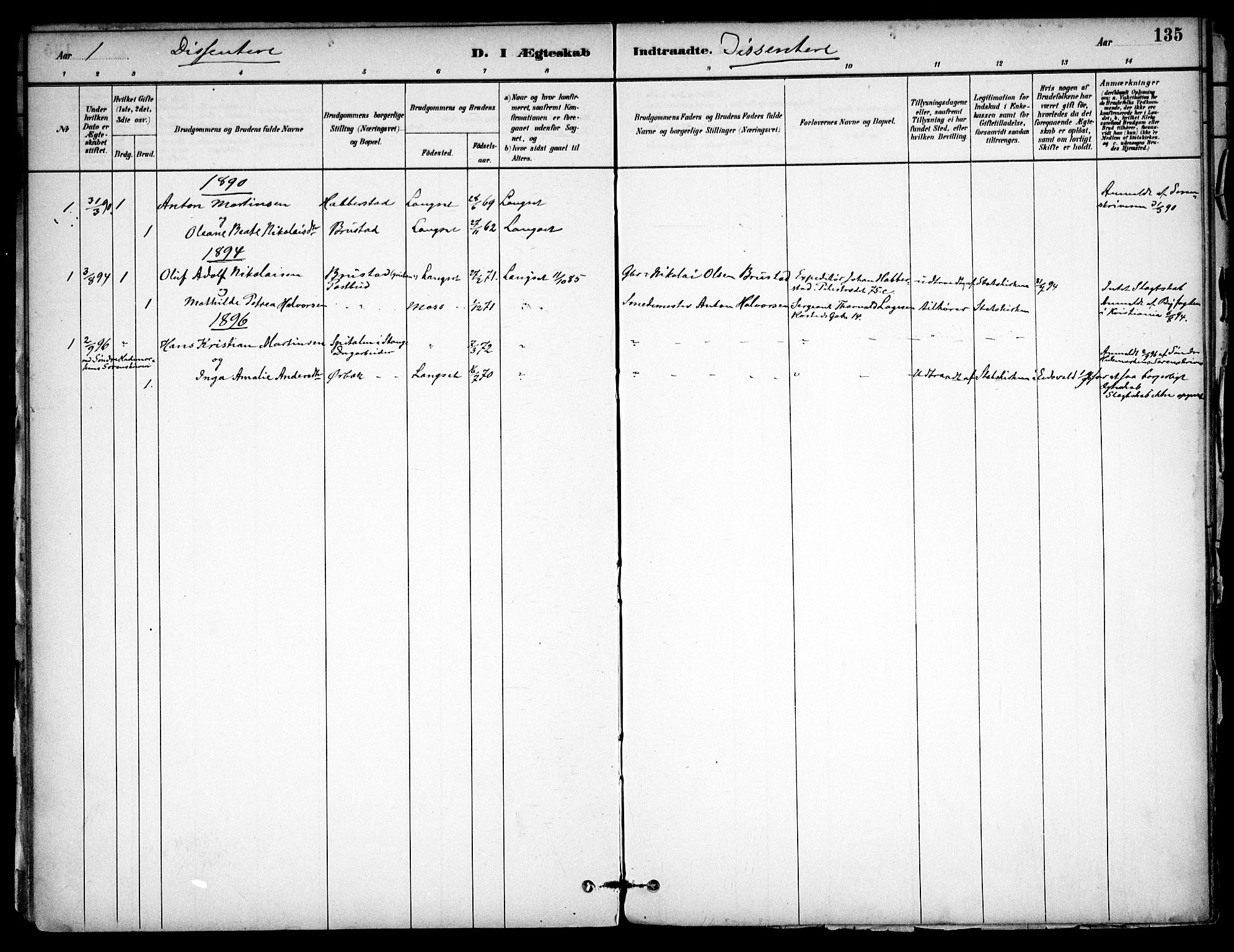 Eidsvoll prestekontor Kirkebøker, SAO/A-10888/F/Fb/L0001: Parish register (official) no. II 1, 1882-1897, p. 135