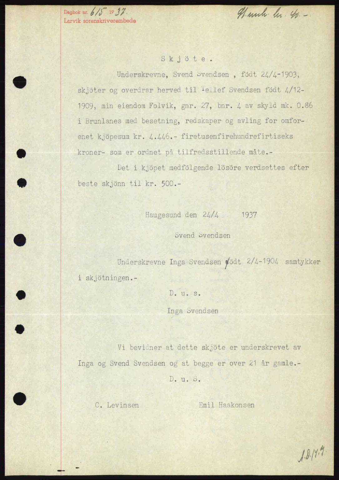 Larvik sorenskriveri, SAKO/A-83/G/Ga/Gab/L0067: Mortgage book no. A-1, 1936-1937, Diary no: : 615/1937