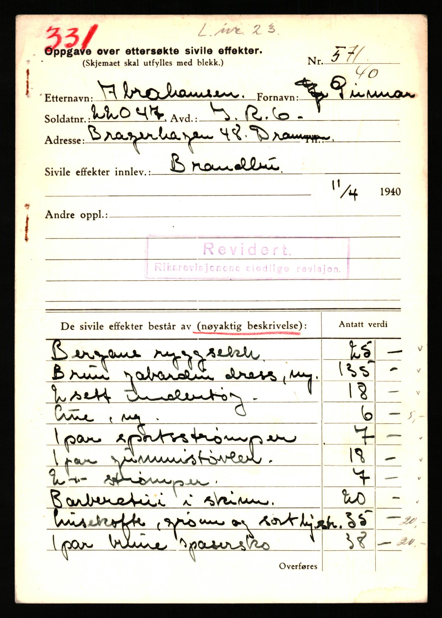 Justisdepartementet, Oppgjørsavdelingen, AV/RA-S-1056/G/Gb/L0001: Oppgaver over ettersøkte sivile effekter: Abel - Andersen, Anders J., 1940-1942, p. 97