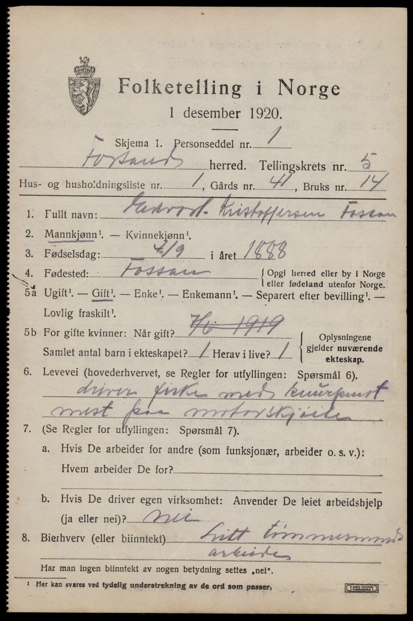 SAST, 1920 census for Forsand, 1920, p. 1785