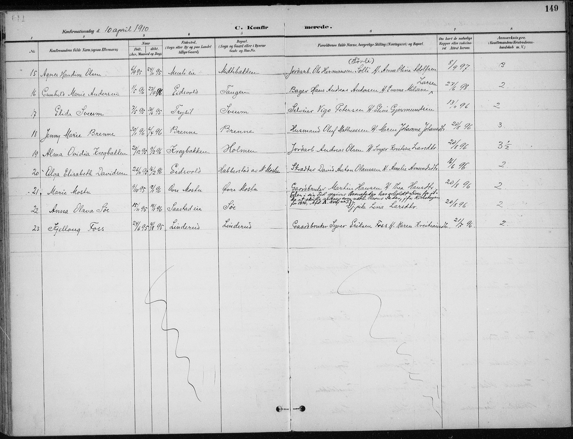 Stange prestekontor, AV/SAH-PREST-002/K/L0023: Parish register (official) no. 23, 1897-1920, p. 149