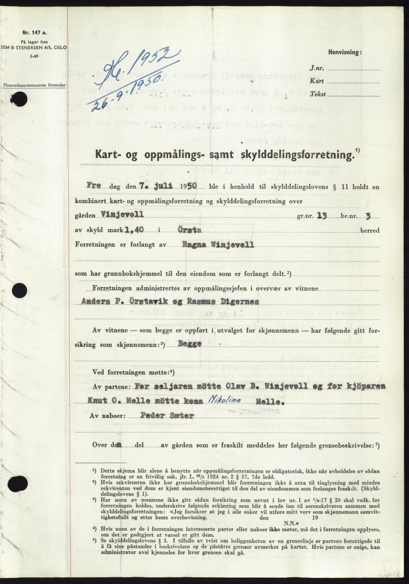 Søre Sunnmøre sorenskriveri, AV/SAT-A-4122/1/2/2C/L0087: Mortgage book no. 13A, 1950-1950, Diary no: : 1952/1950