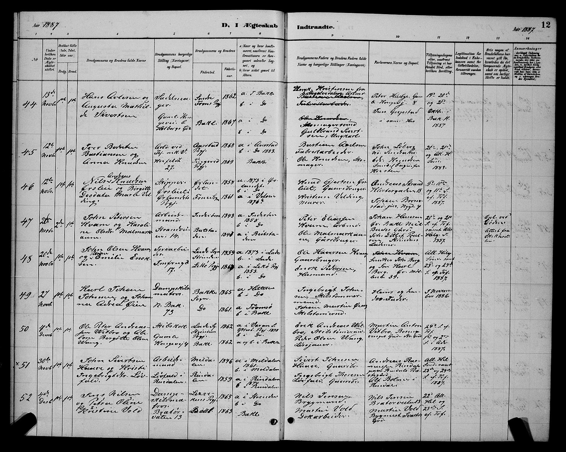 Ministerialprotokoller, klokkerbøker og fødselsregistre - Sør-Trøndelag, SAT/A-1456/604/L0223: Parish register (copy) no. 604C06, 1886-1897, p. 12