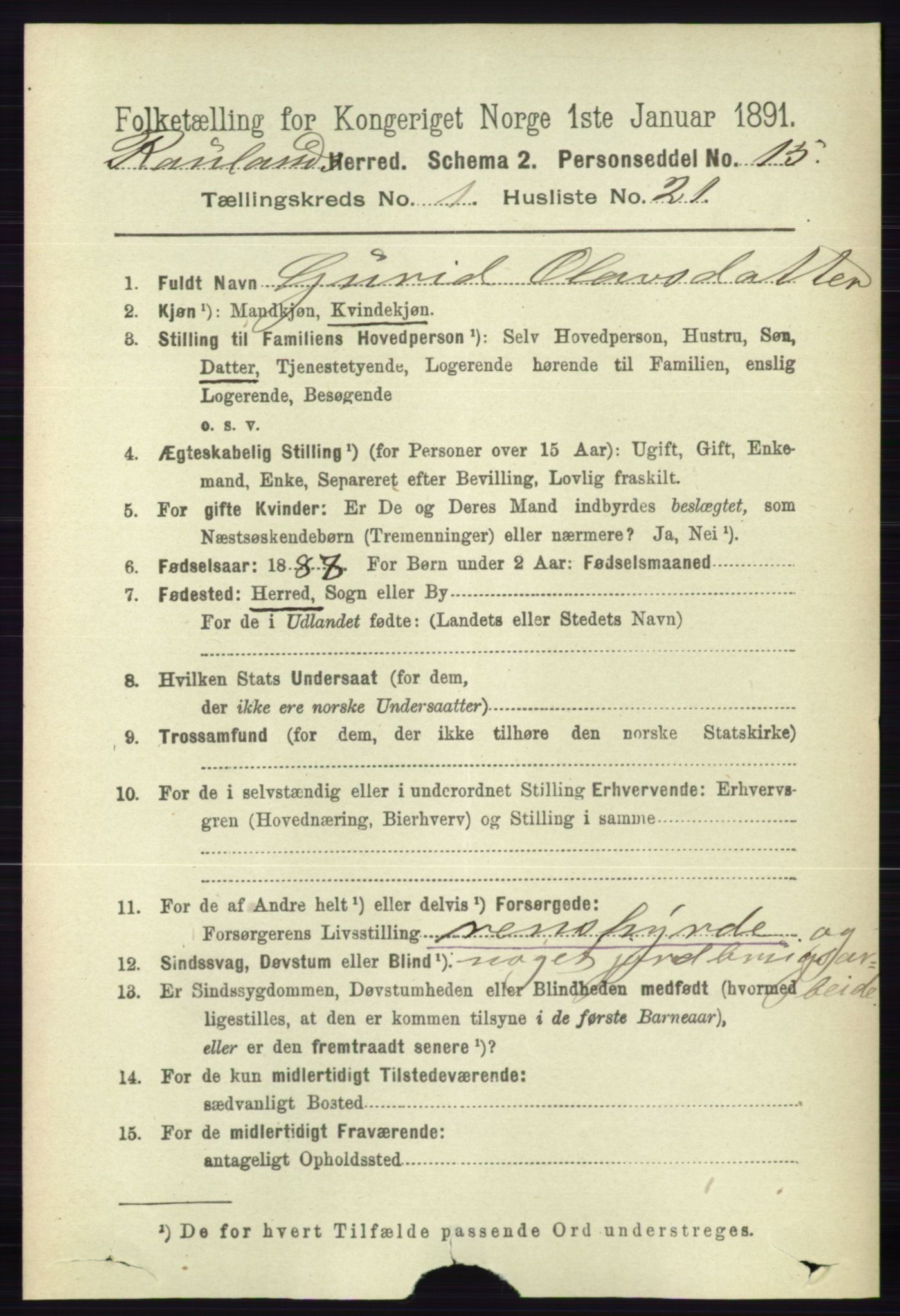 RA, 1891 census for 0835 Rauland, 1891, p. 177