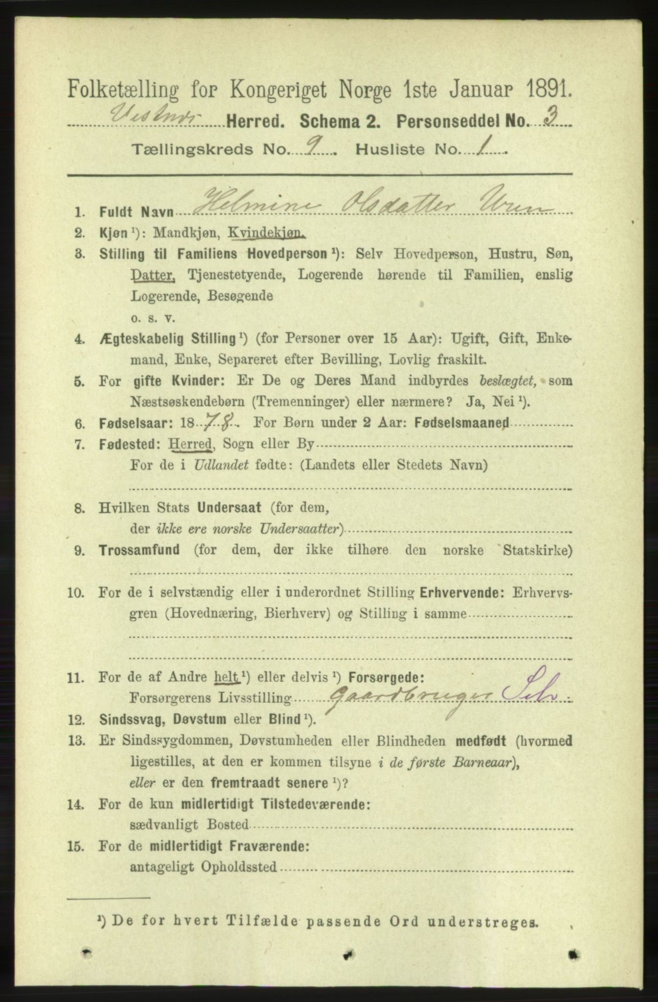 RA, 1891 census for 1535 Vestnes, 1891, p. 3377