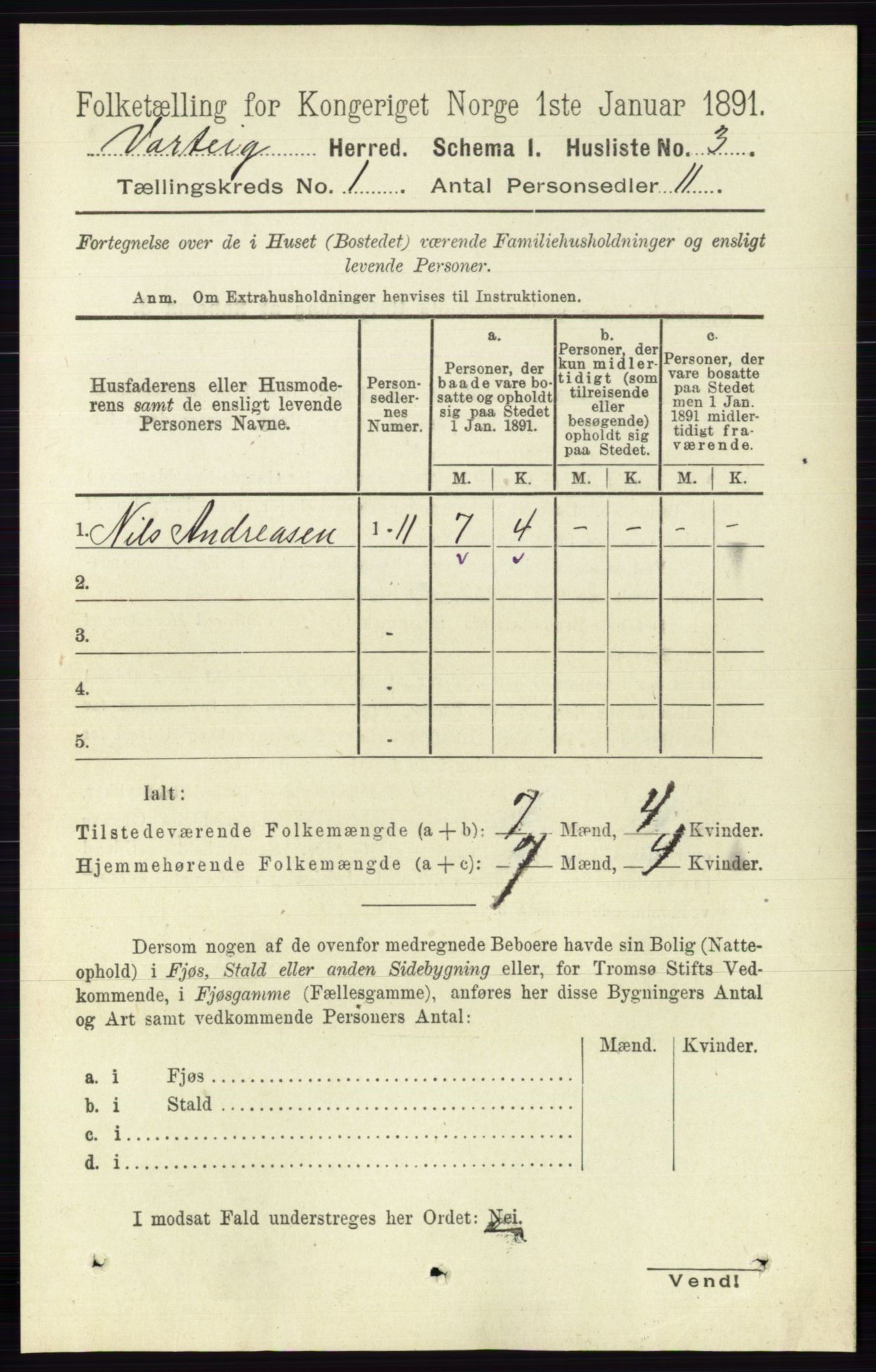 RA, 1891 census for 0114 Varteig, 1891, p. 15