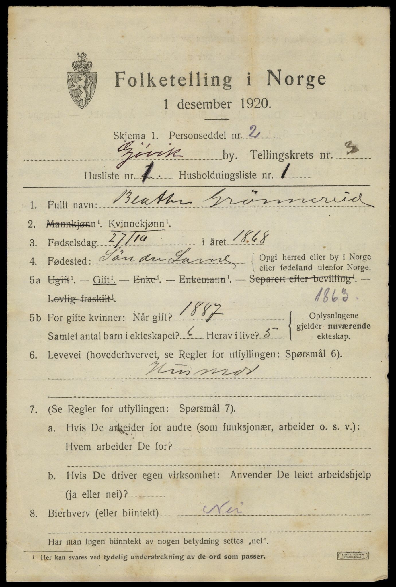 SAH, 1920 census for Gjøvik, 1920, p. 5948