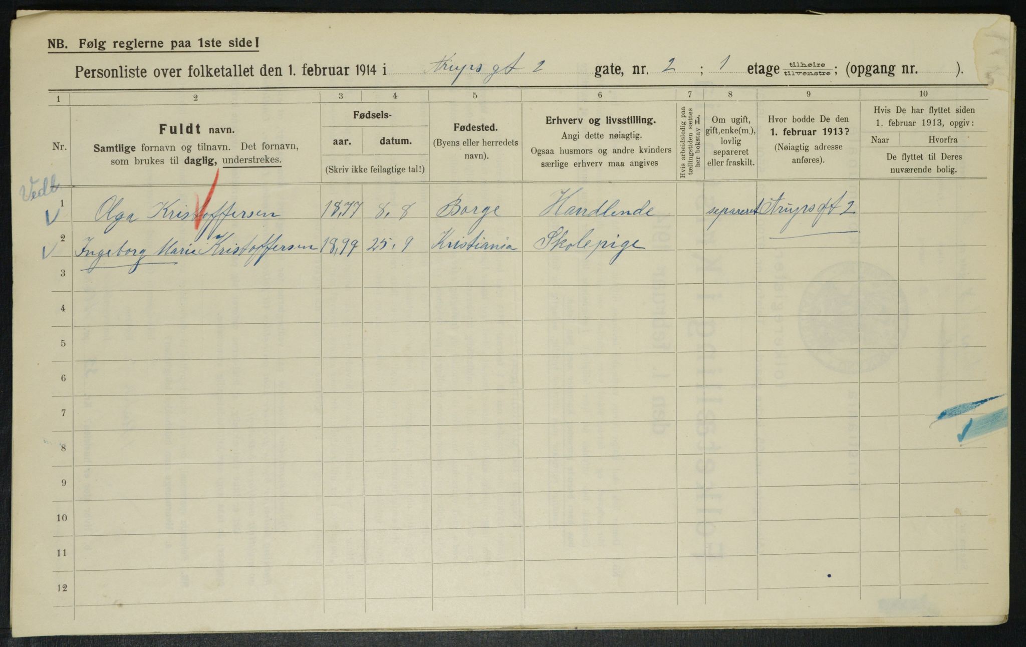 OBA, Municipal Census 1914 for Kristiania, 1914, p. 2168