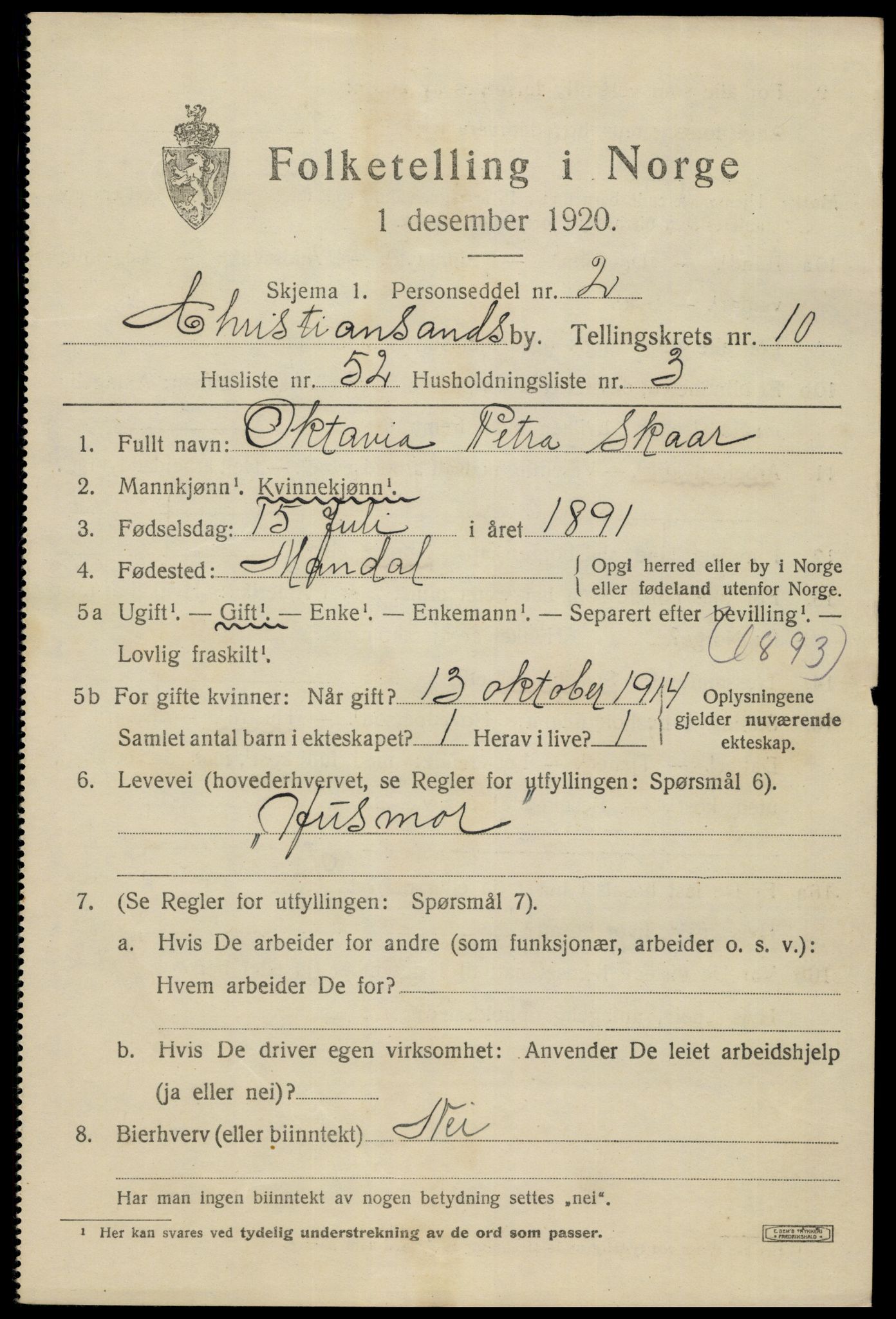 SAK, 1920 census for Kristiansand, 1920, p. 24645