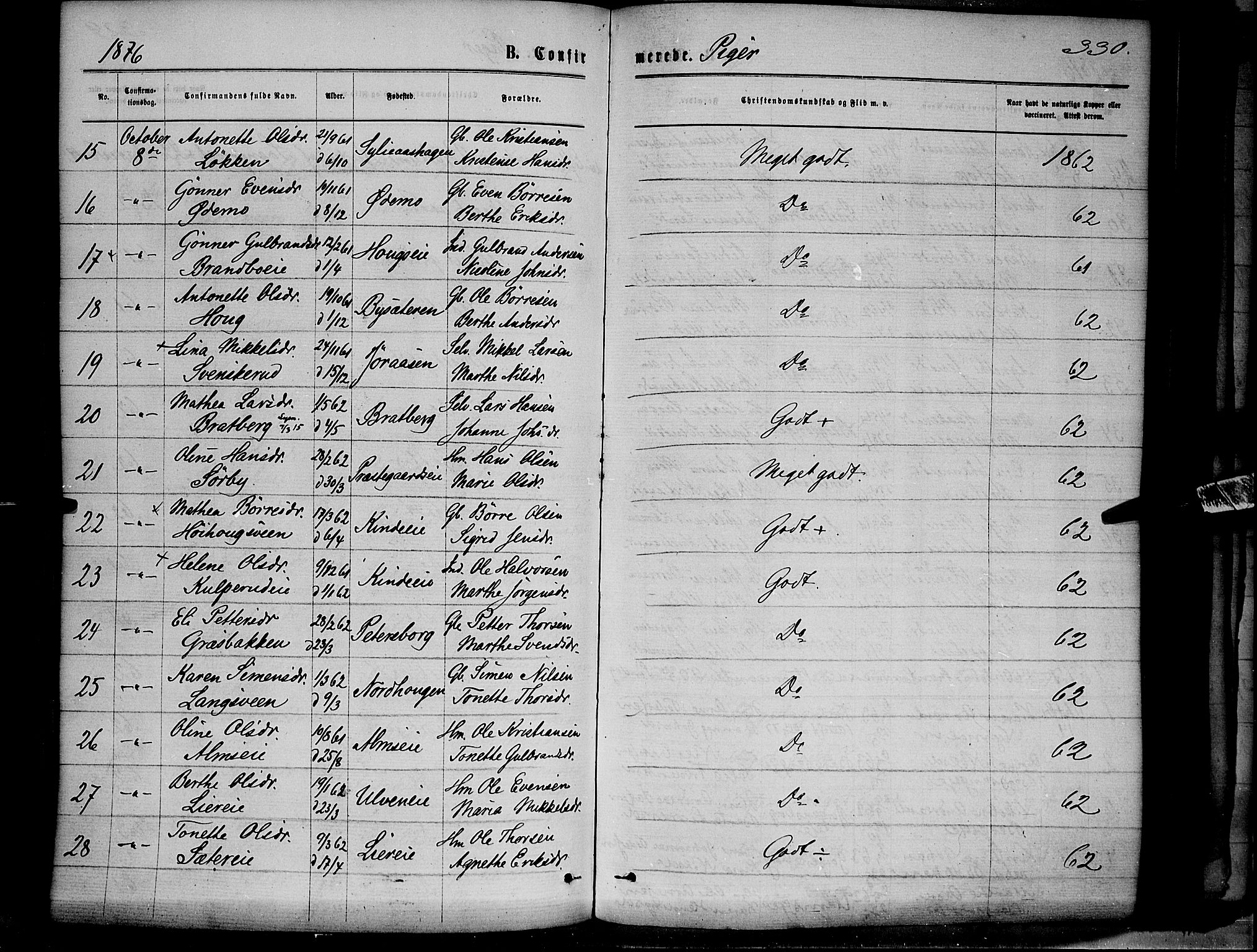 Ringsaker prestekontor, AV/SAH-PREST-014/K/Ka/L0011: Parish register (official) no. 11, 1870-1878, p. 330