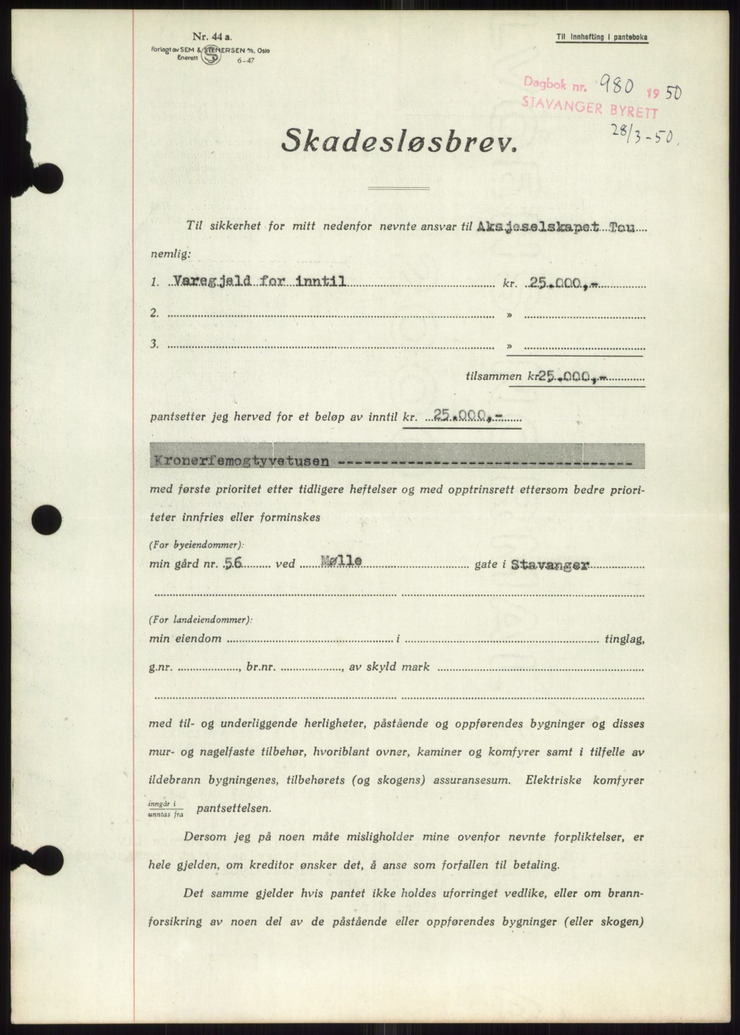 Stavanger byrett, SAST/A-100455/002/G/Gb/L0032: Mortgage book, 1947-1950, Diary no: : 980/1950