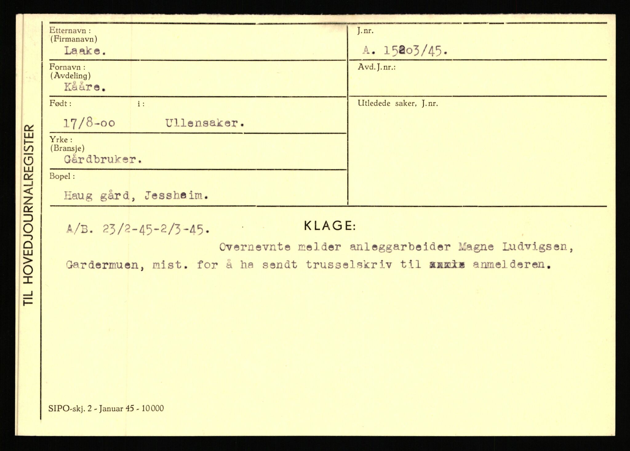 Statspolitiet - Hovedkontoret / Osloavdelingen, AV/RA-S-1329/C/Ca/L0009: Knutsen - Limstrand, 1943-1945, p. 2485