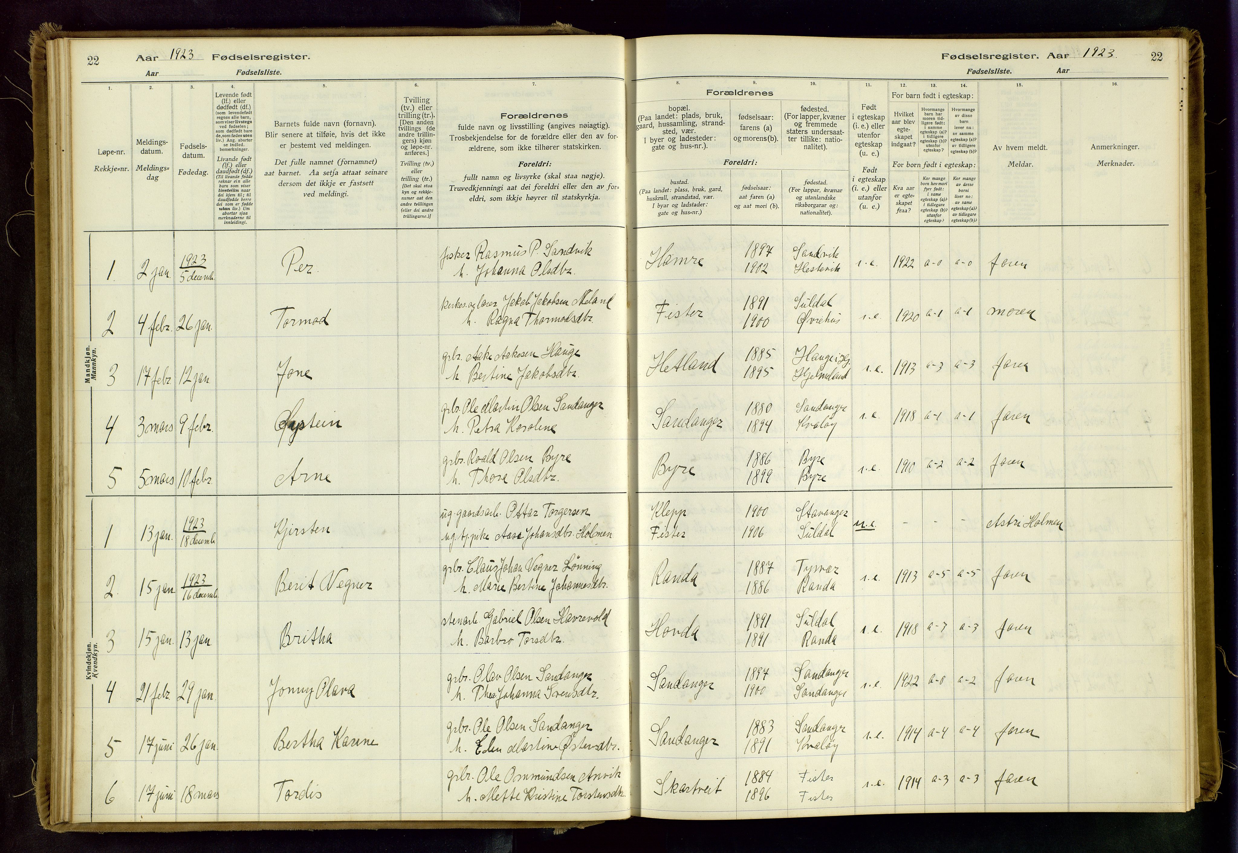 Hjelmeland sokneprestkontor, AV/SAST-A-101843/02/B/L0003: Birth register no. 3, 1916-1997, p. 22