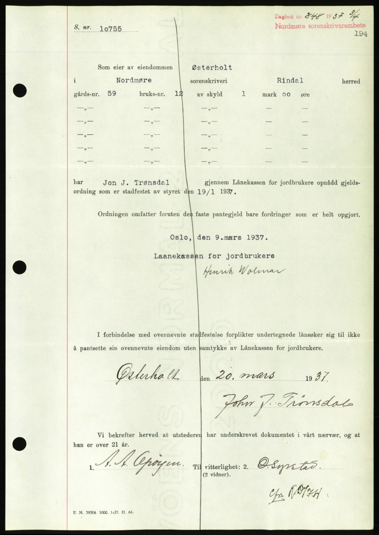 Nordmøre sorenskriveri, AV/SAT-A-4132/1/2/2Ca/L0091: Mortgage book no. B81, 1937-1937, Diary no: : 848/1937