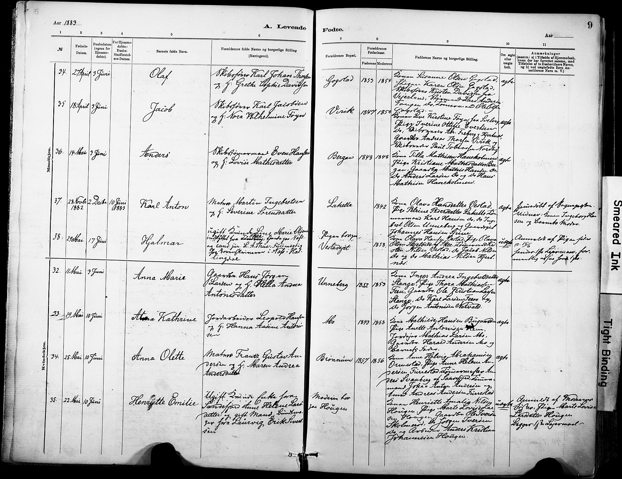 Sandar kirkebøker, SAKO/A-243/F/Fa/L0012: Parish register (official) no. 12, 1883-1895, p. 9