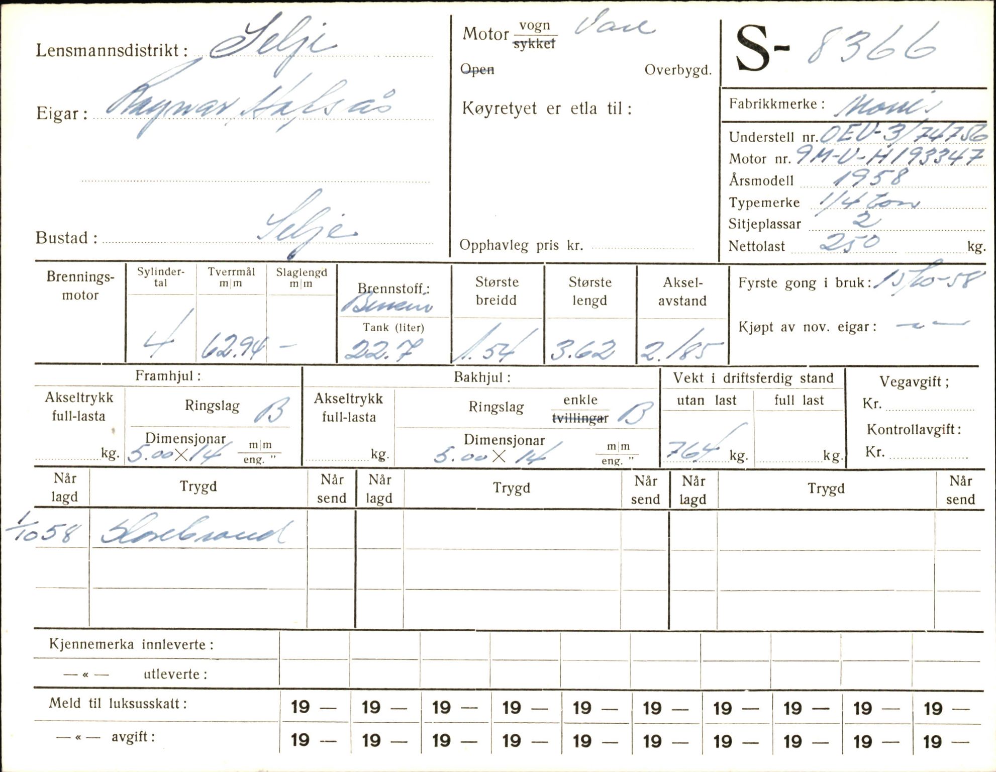 Statens vegvesen, Sogn og Fjordane vegkontor, AV/SAB-A-5301/4/F/L0006: Registerkort utmeldte Fjordane S8300-9500, 1930-1961, p. 100