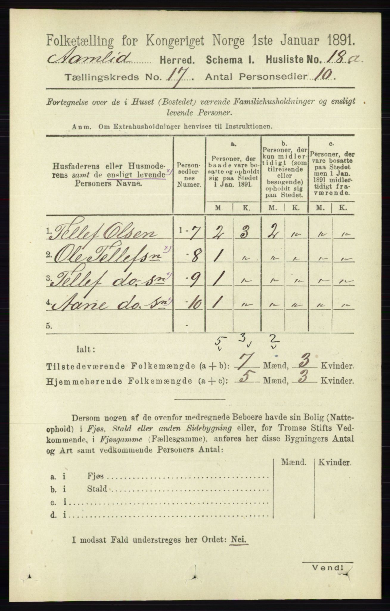 RA, 1891 census for 0929 Åmli, 1891, p. 2795