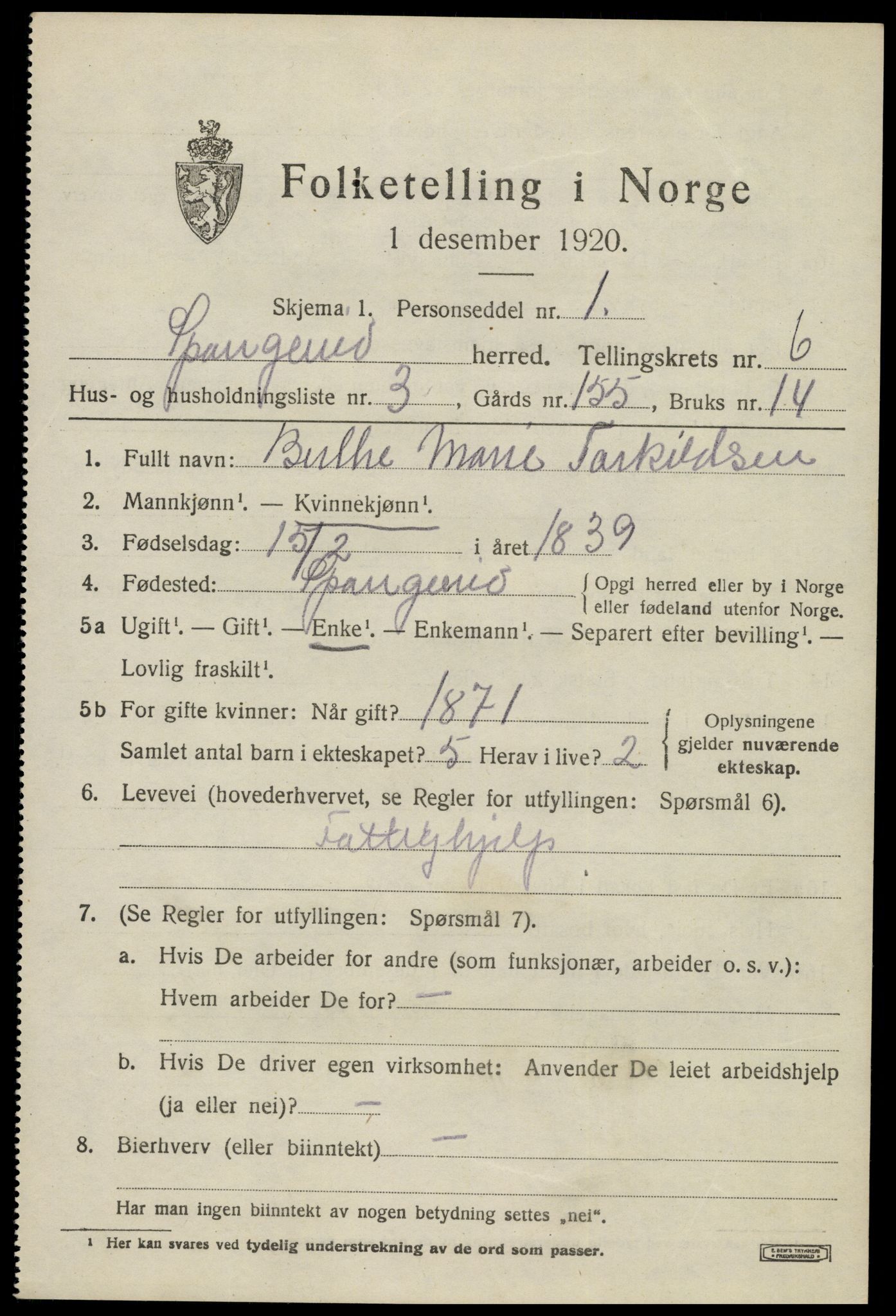 SAK, 1920 census for Spangereid, 1920, p. 2227