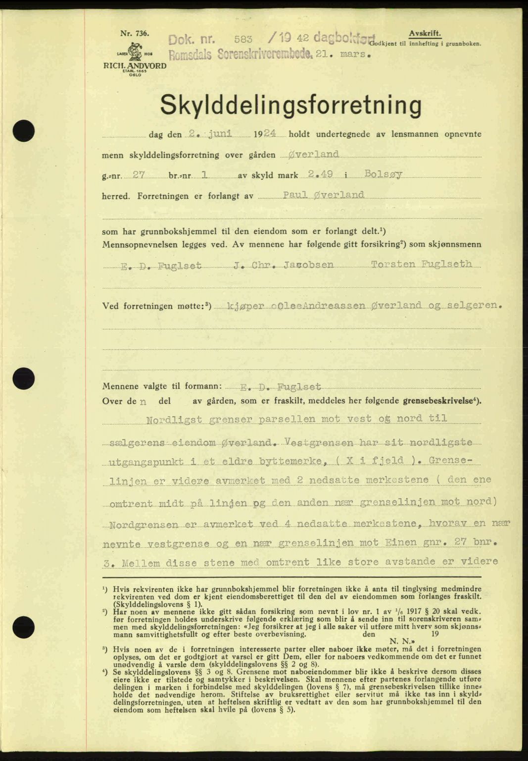 Romsdal sorenskriveri, AV/SAT-A-4149/1/2/2C: Mortgage book no. A12, 1942-1942, Diary no: : 583/1942