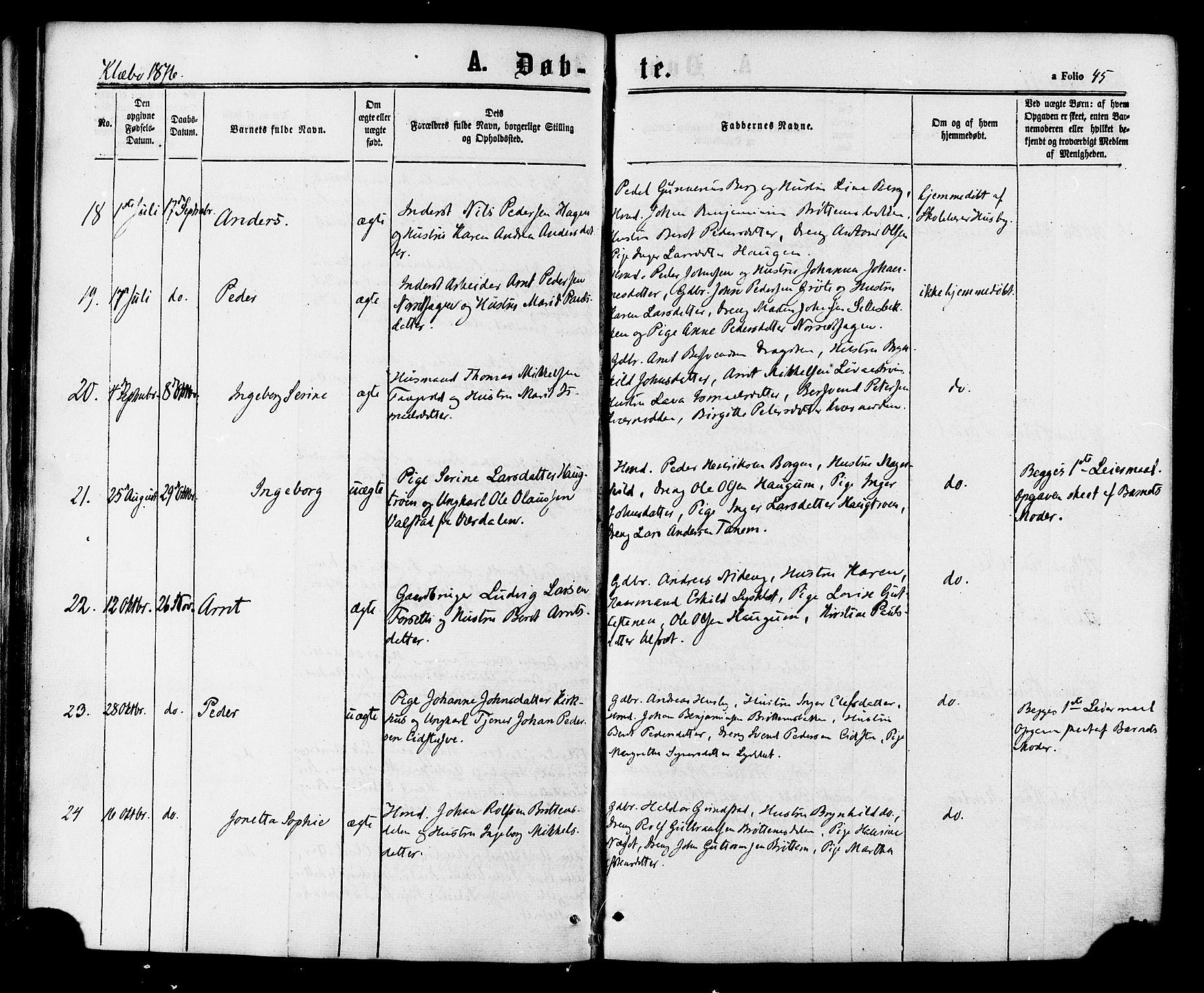 Ministerialprotokoller, klokkerbøker og fødselsregistre - Sør-Trøndelag, SAT/A-1456/618/L0442: Parish register (official) no. 618A06 /1, 1863-1879, p. 45