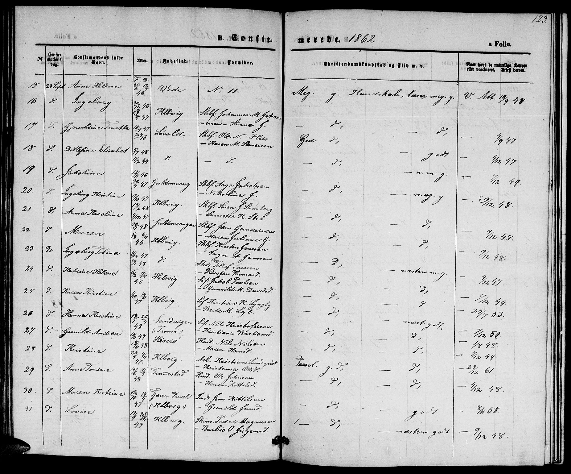 Hisøy sokneprestkontor, SAK/1111-0020/F/Fb/L0001: Parish register (copy) no. B 1, 1849-1872, p. 123