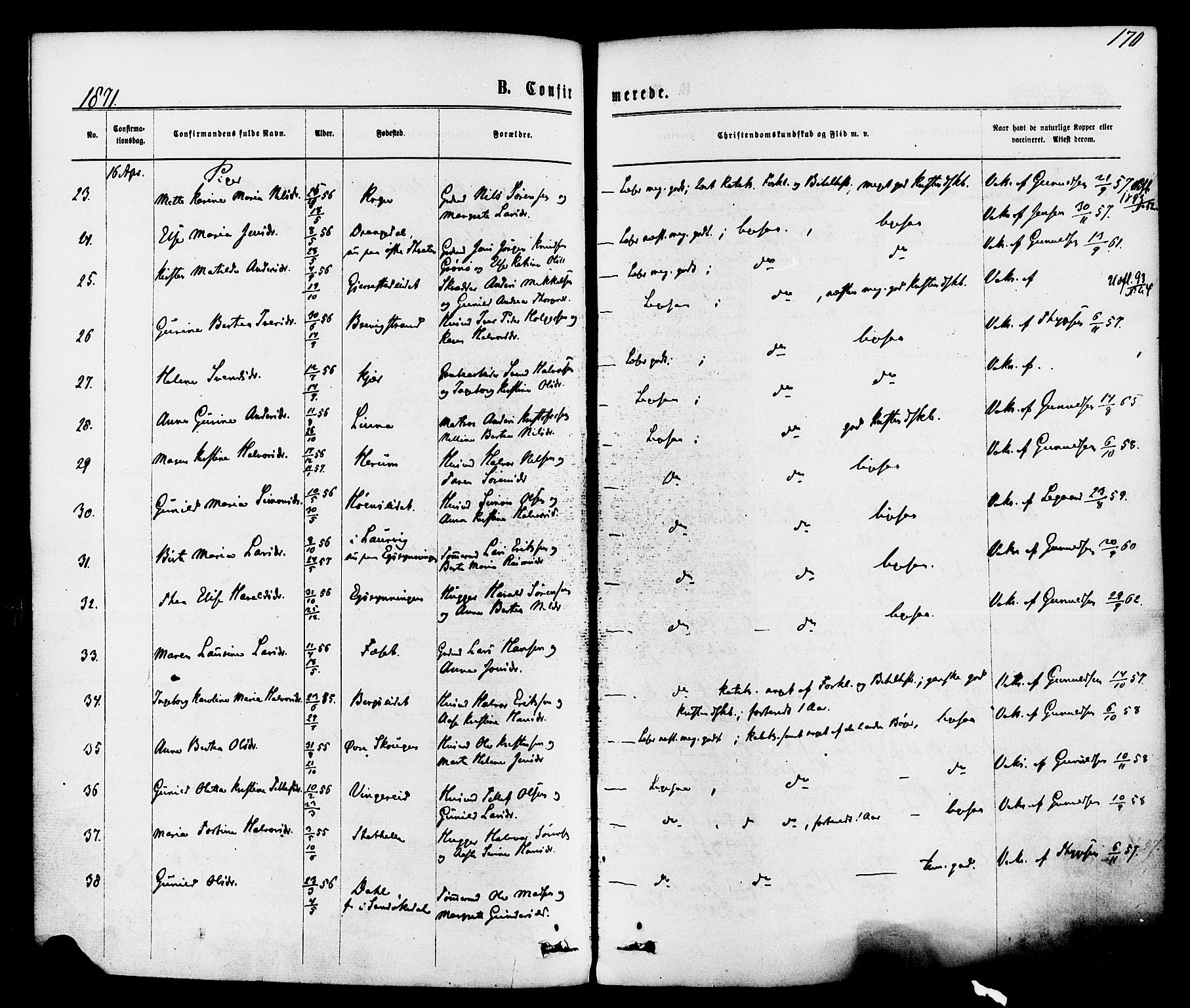 Bamble kirkebøker, AV/SAKO-A-253/F/Fa/L0006: Parish register (official) no. I 6, 1869-1877, p. 170