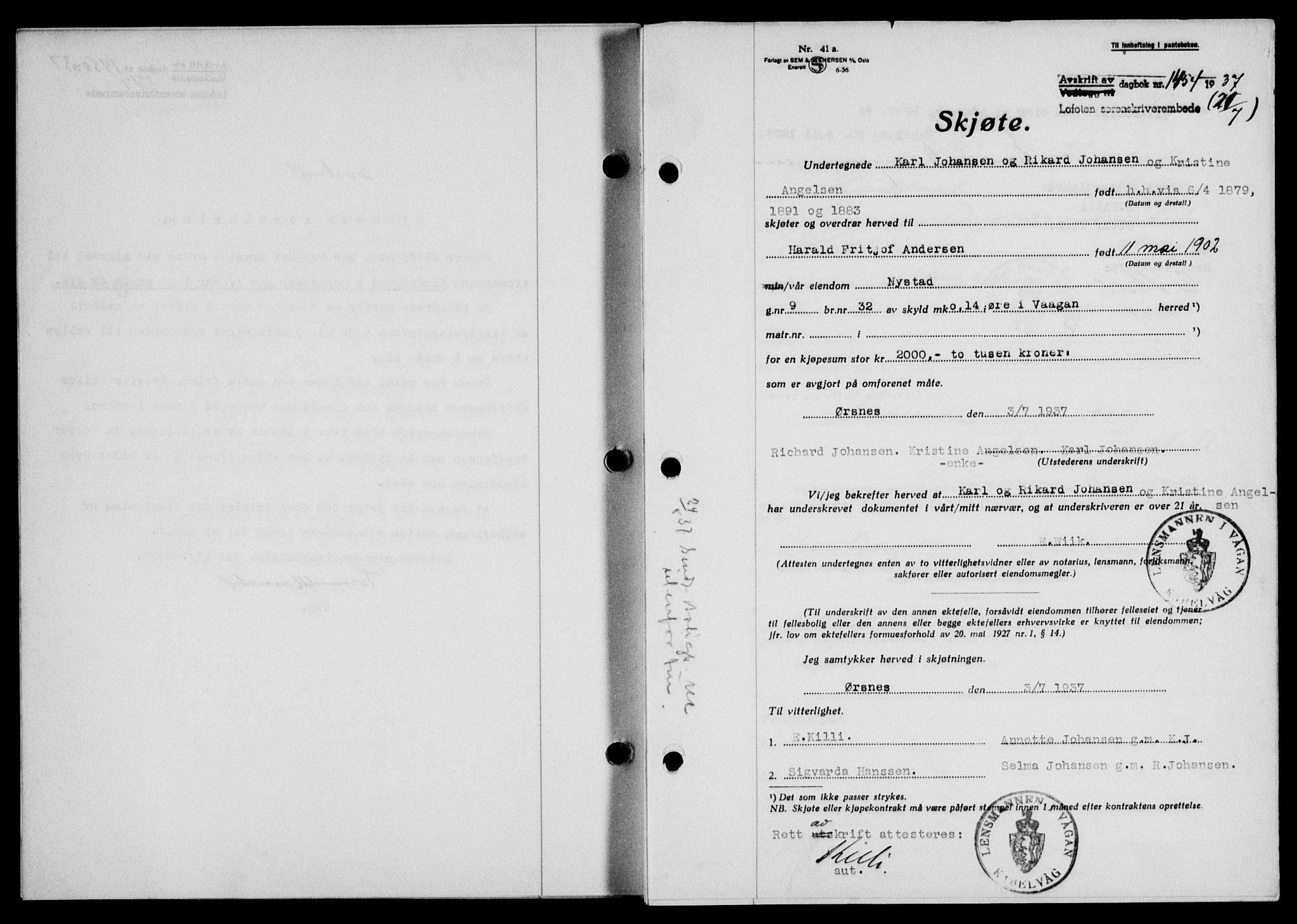 Lofoten sorenskriveri, SAT/A-0017/1/2/2C/L0002a: Mortgage book no. 2a, 1937-1937, Diary no: : 1454/1937