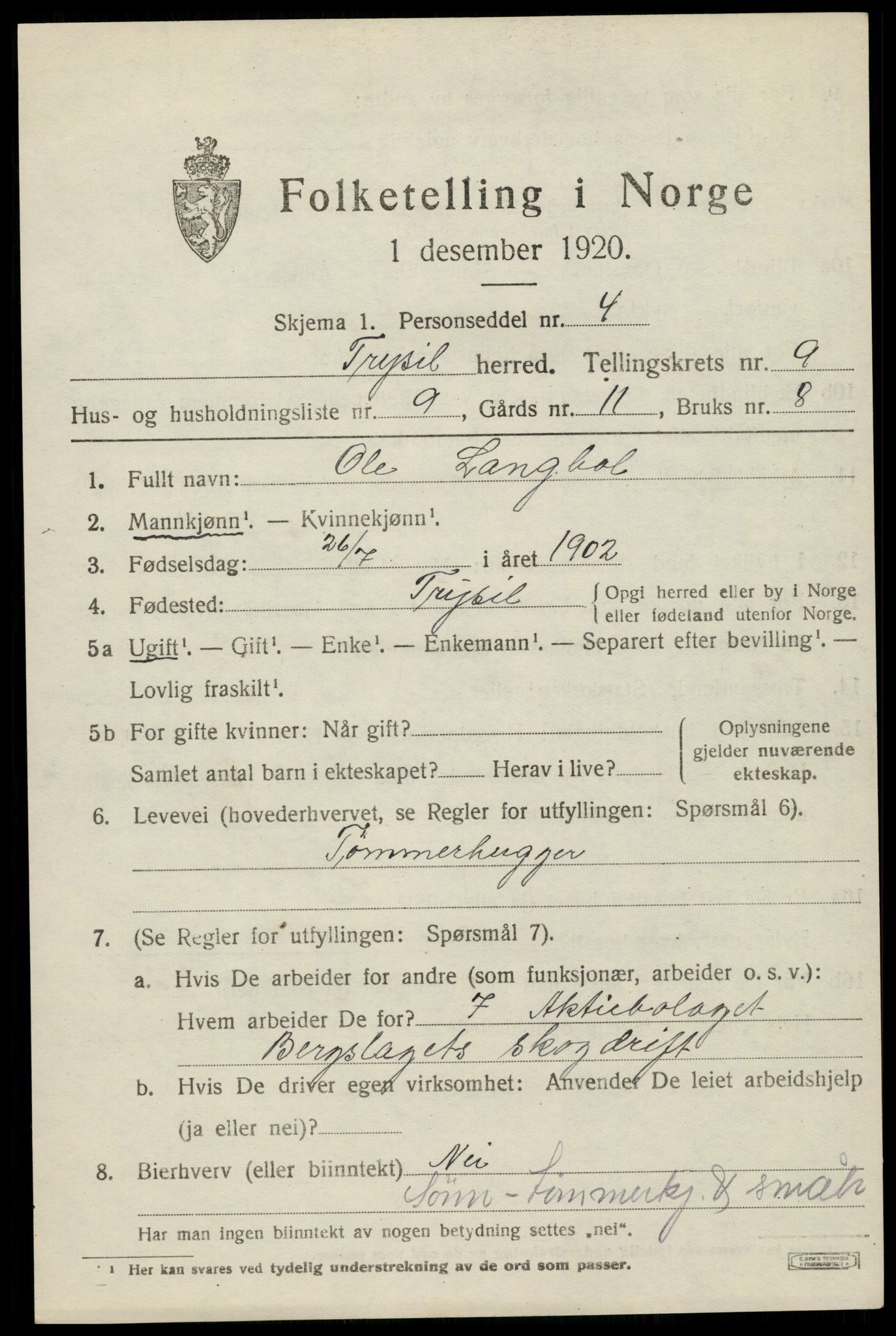 SAH, 1920 census for Trysil, 1920, p. 6649