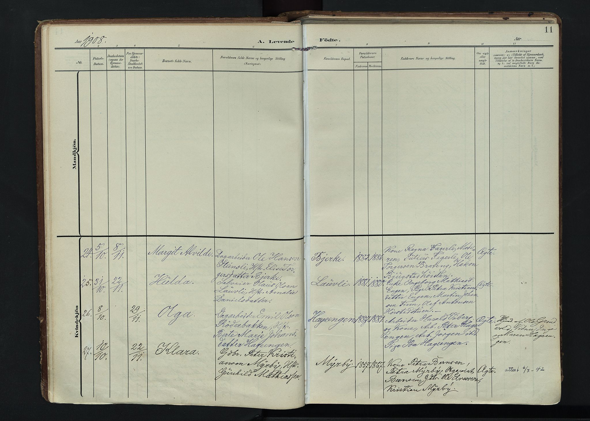 Vardal prestekontor, SAH/PREST-100/H/Ha/Haa/L0020: Parish register (official) no. 20, 1907-1921, p. 11