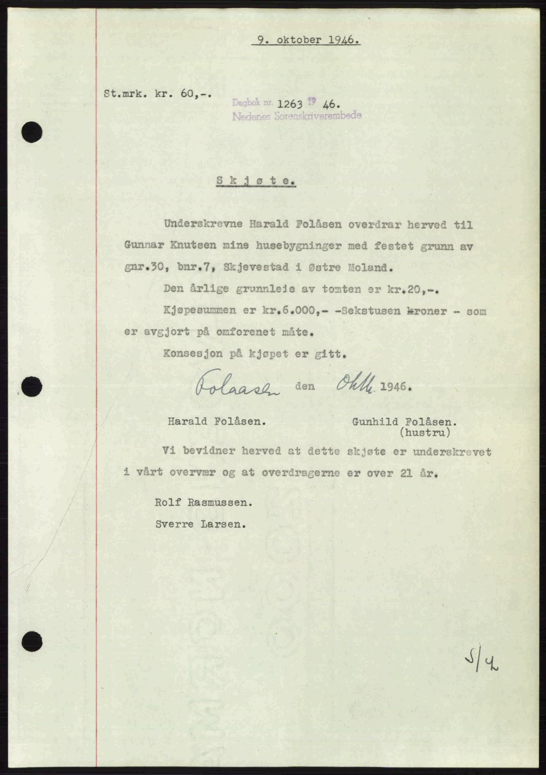 Nedenes sorenskriveri, SAK/1221-0006/G/Gb/Gba/L0056: Mortgage book no. A8, 1946-1947, Diary no: : 1263/1946